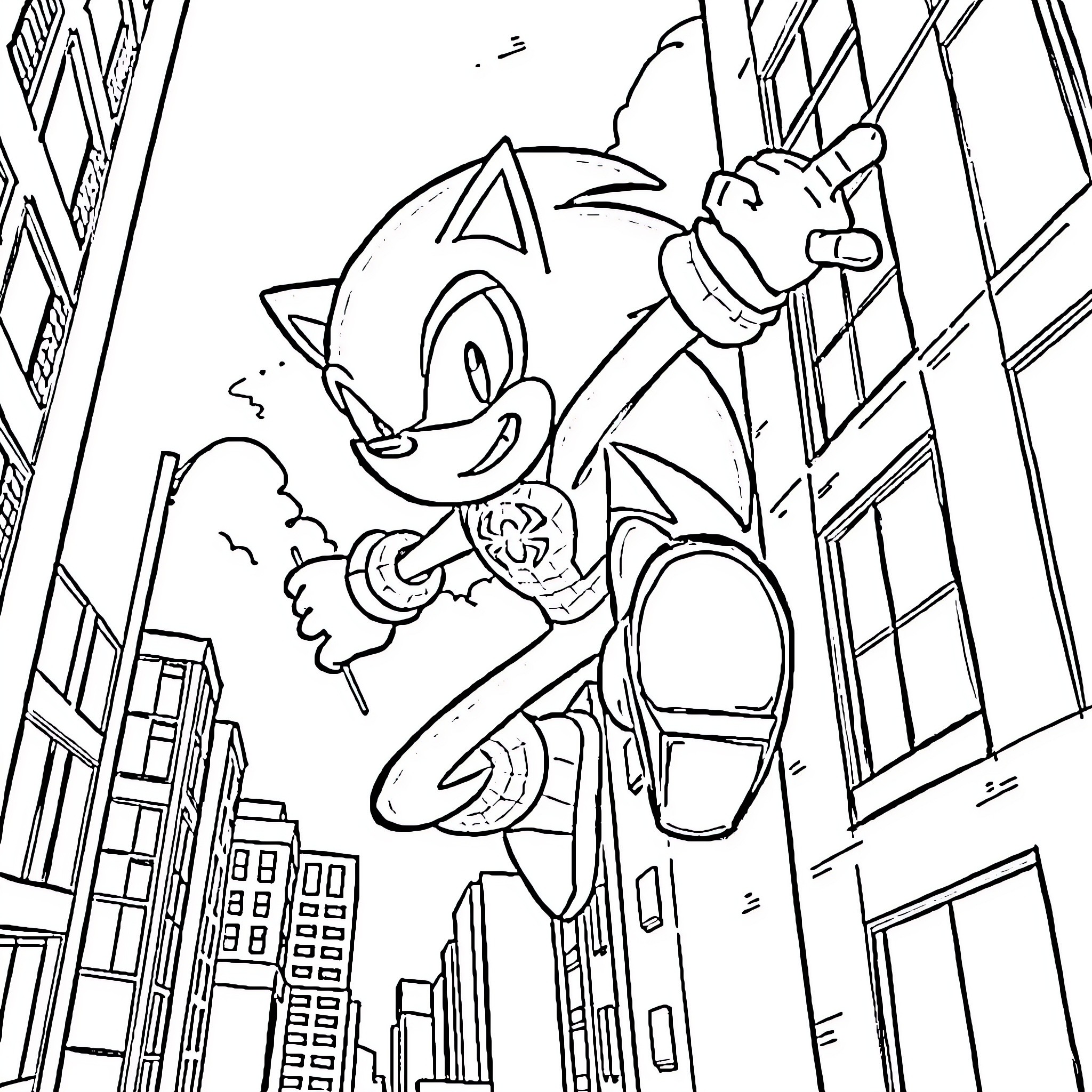 Sonic speeding through the city skyline Coloring Page (free black-and-white line drawing printable PDF for all, from beginners to advanced learners, including children, teens, adults, and seniors)