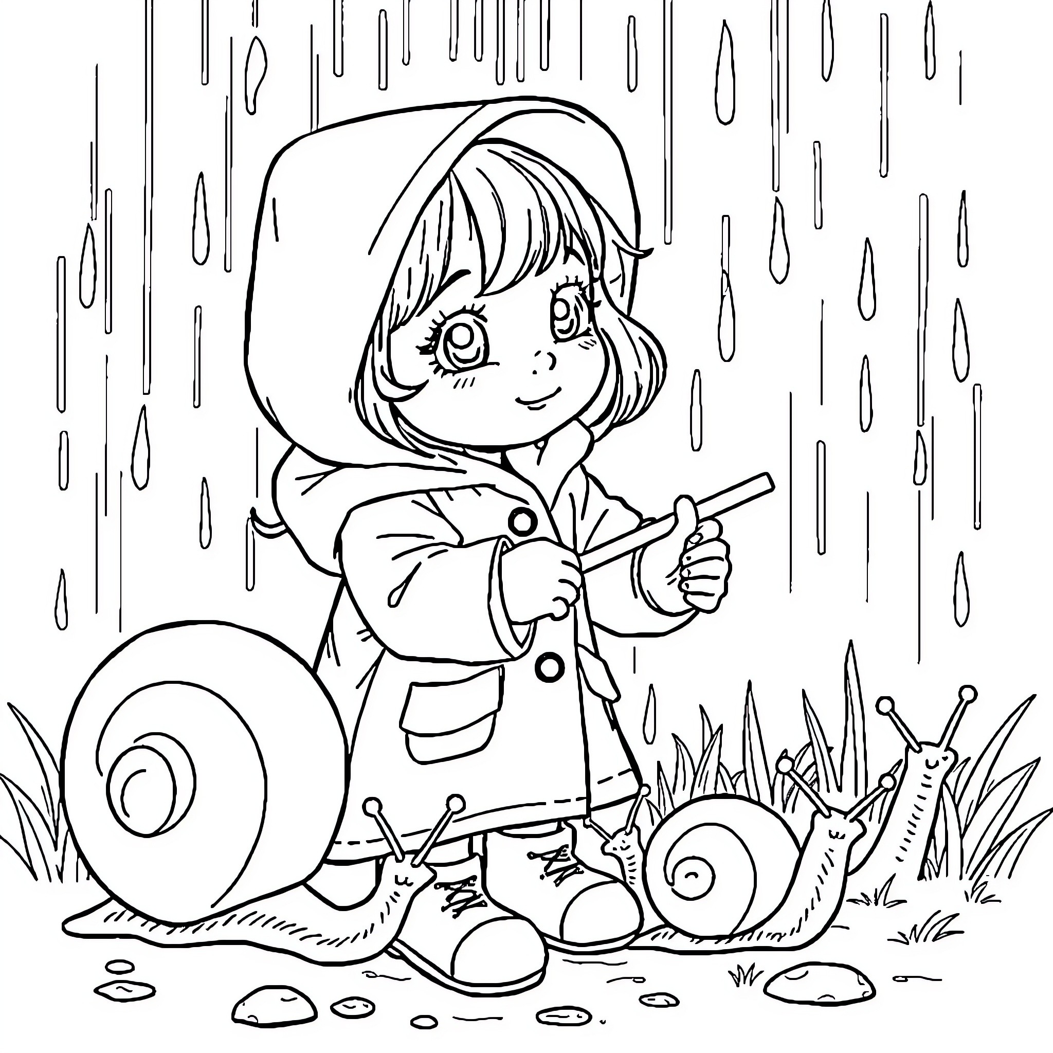 Girl enjoys playing in the rain with snails Coloring Page (free black-and-white line drawing printable PDF for all, from beginners to advanced learners, including children, teens, adults, and seniors)