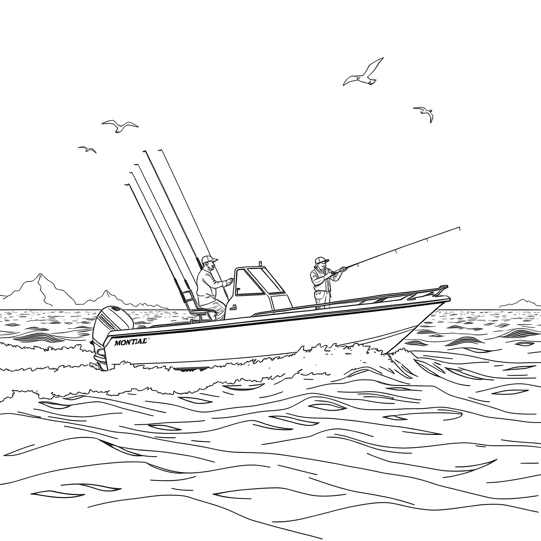 Boat with fishermen on the open waters Coloring Page (free black-and-white line drawing printable PDF for all, from beginners to advanced learners, including children, teens, adults, and seniors)