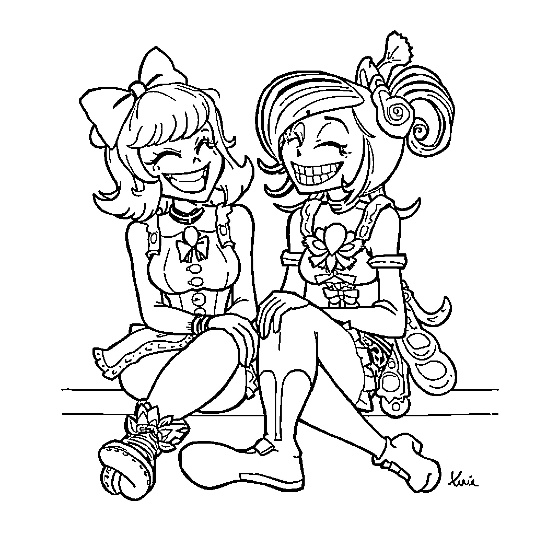 Skullgirl friends laughing together Coloring Page (free black-and-white line drawing printable PDF for all, from beginners to advanced learners, including children, teens, adults, and seniors)