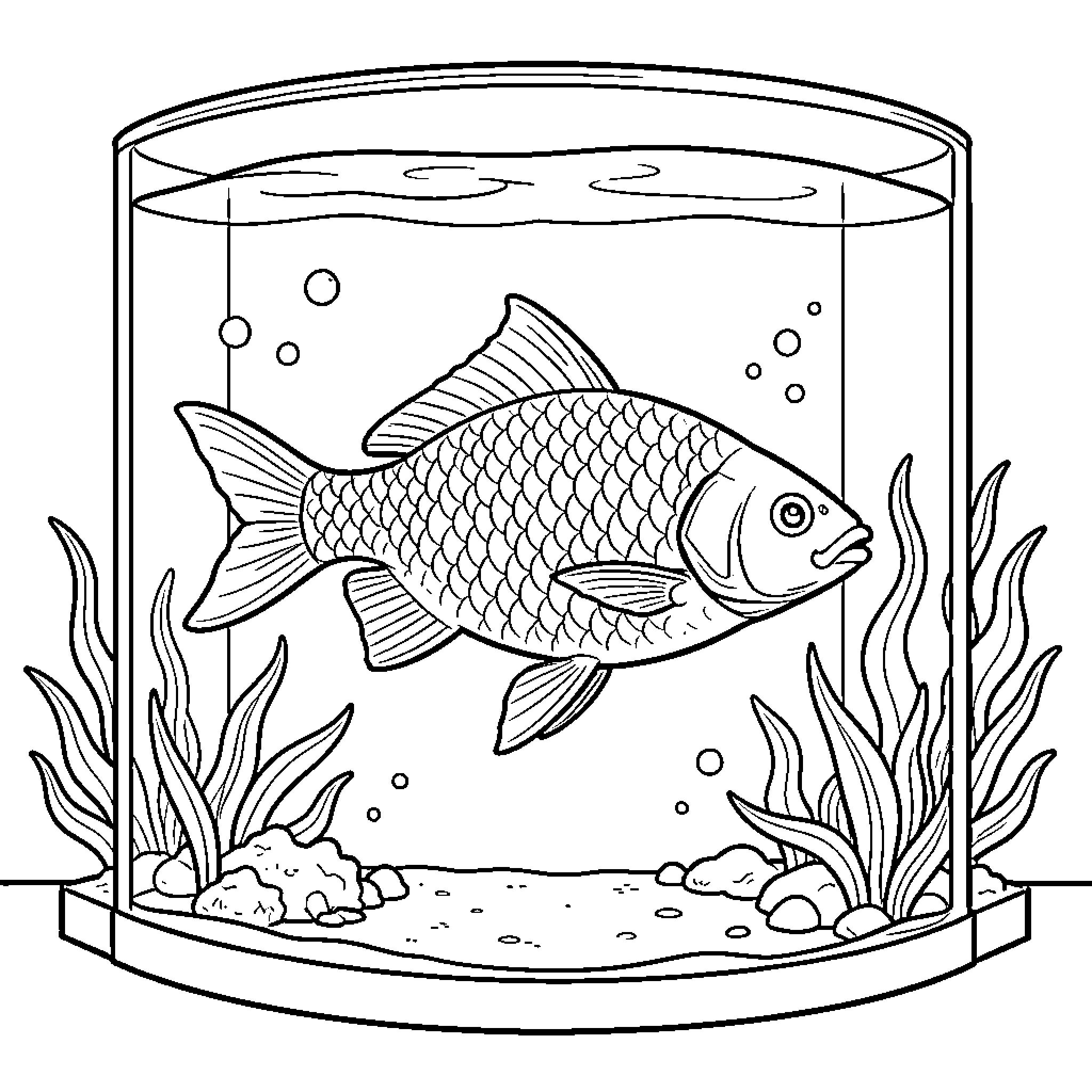 Fish swimming peacefully inside a glass bowl Coloring Page (free black-and-white line drawing printable PDF for all, from beginners to advanced learners, including children, teens, adults, and seniors)