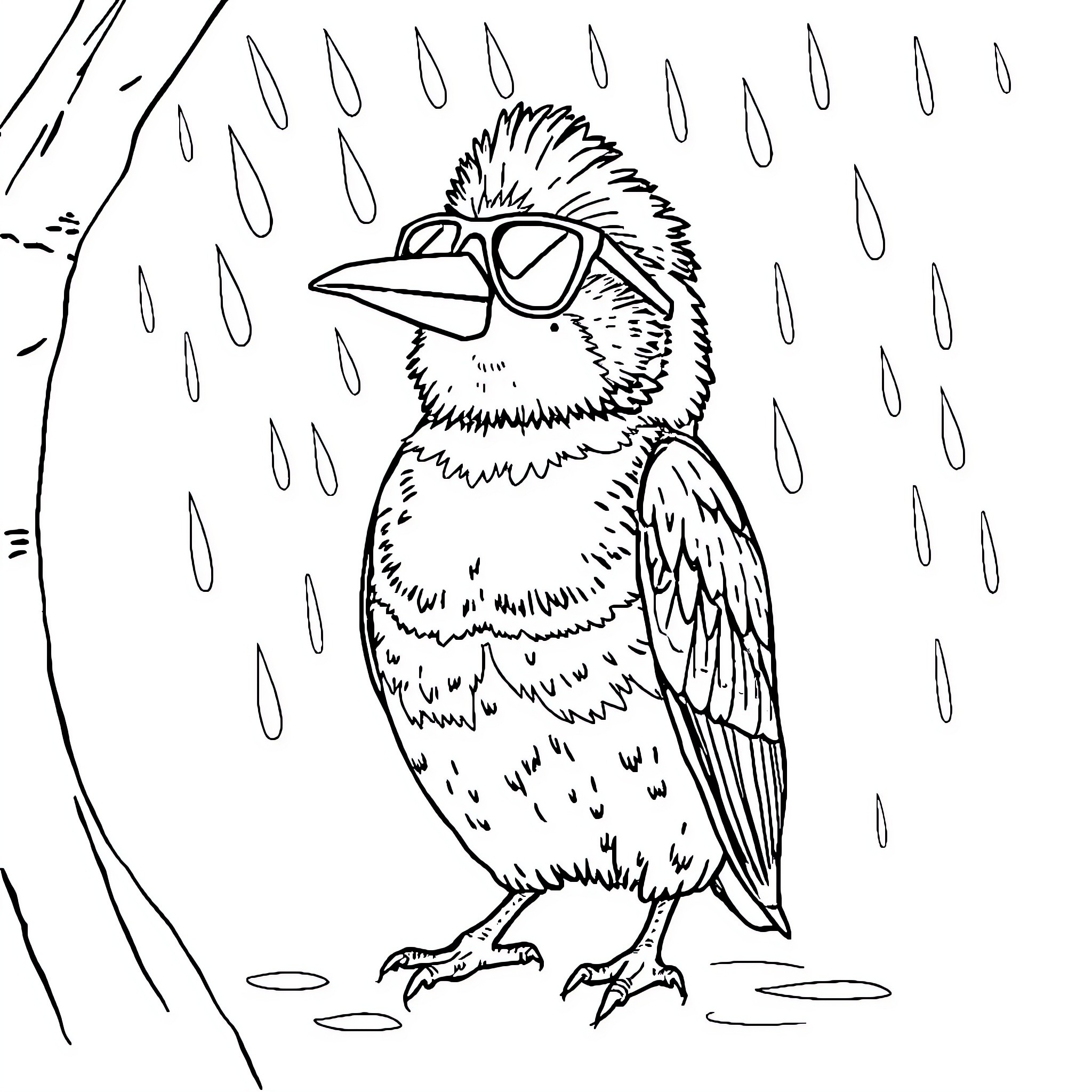 Bird standing in the rain with glasses Coloring Page (free black-and-white line drawing printable PDF for all, from beginners to advanced learners, including children, teens, adults, and seniors)