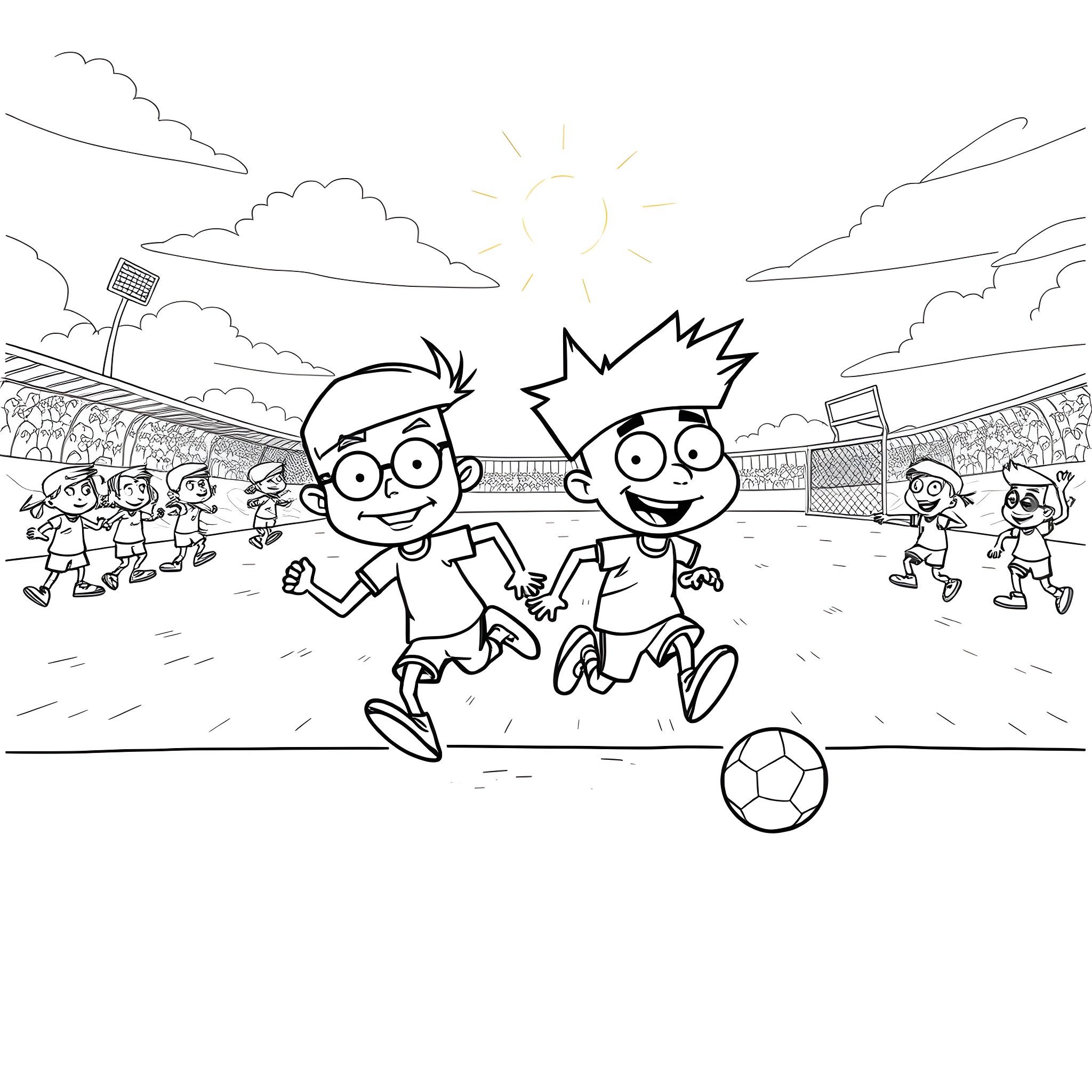 Phineas and Ferb playing soccer in the stadium Coloring Page (free black-and-white line drawing printable PDF for all, from beginners to advanced learners, including children, teens, adults, and seniors)