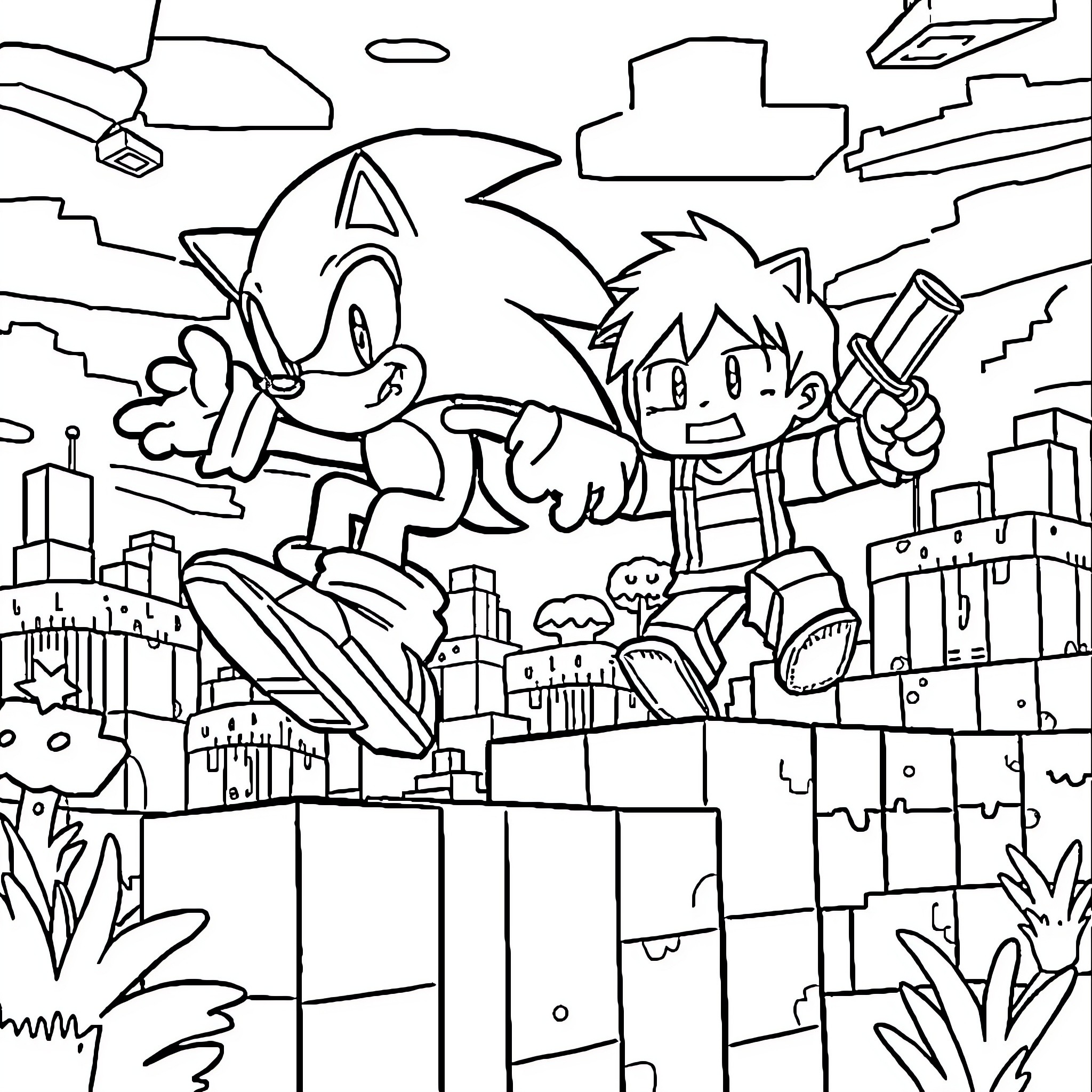 Sonic and Friend Adventuring in the City Coloring Page (free black-and-white line drawing printable PDF for all, from beginners to advanced learners, including children, teens, adults, and seniors)