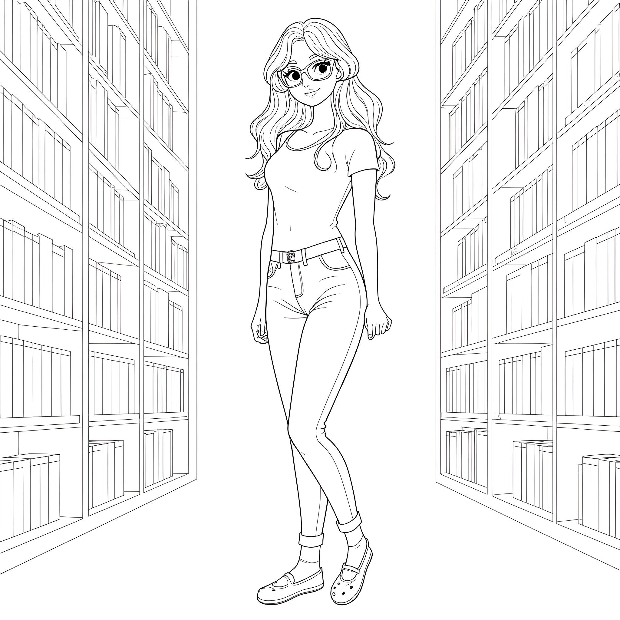 Librarian exploring the library stacks Coloring Page (free black-and-white line drawing printable PDF for all, from beginners to advanced learners, including children, teens, adults, and seniors)