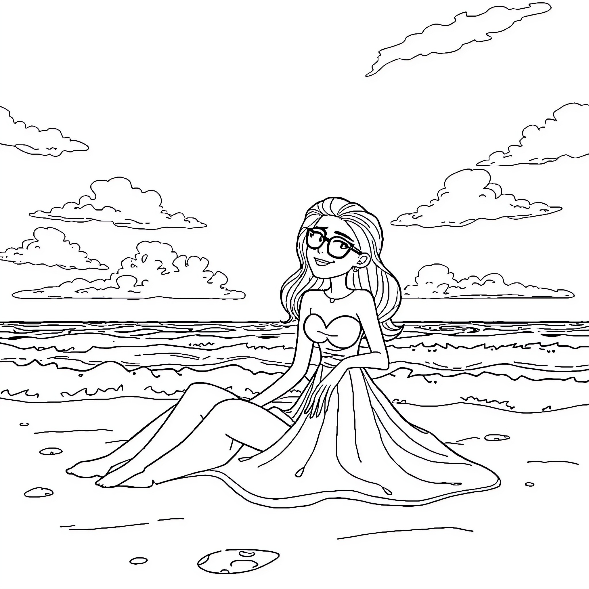 Couple relaxing on the beach Coloring Page (free black-and-white line drawing printable PDF for all, from beginners to advanced learners, including children, teens, adults, and seniors)