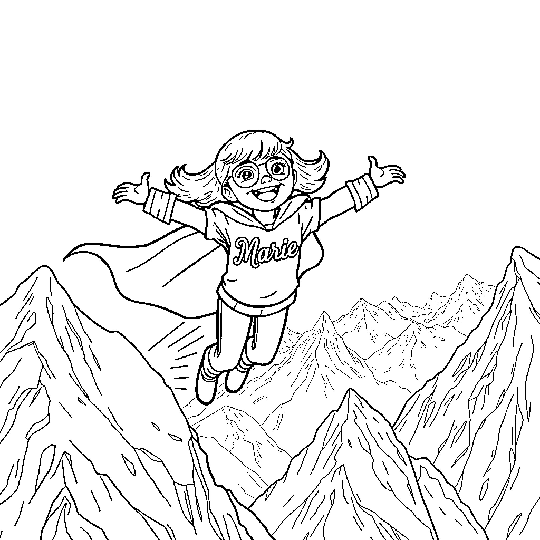Girl soaring through the mountains Coloring Page (free black-and-white line drawing printable PDF for all, from beginners to advanced learners, including children, teens, adults, and seniors)