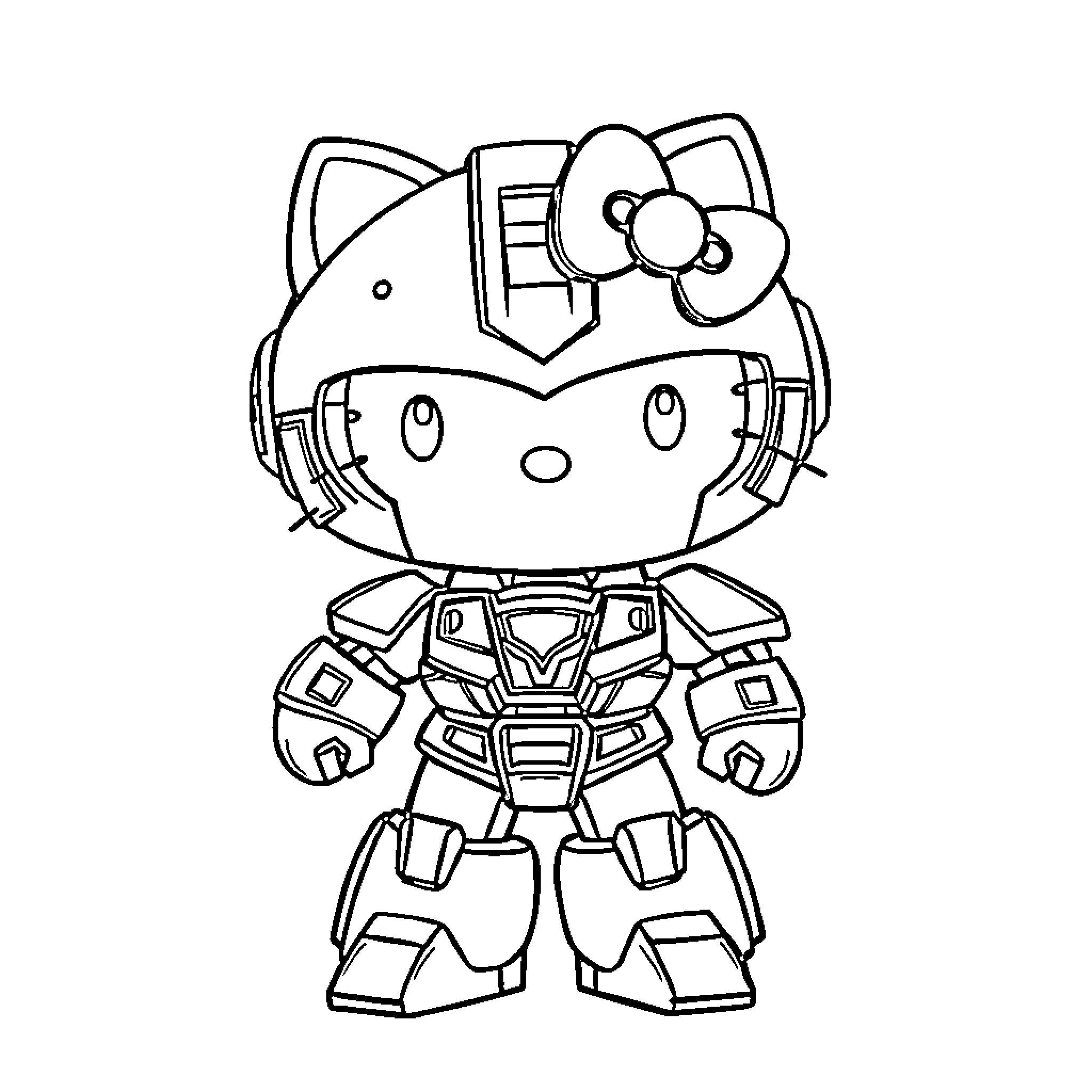 Hello Kitty as a Futuristic Robot Coloring Page (free black-and-white line drawing printable PDF for all, from beginners to advanced learners, including children, teens, adults, and seniors)