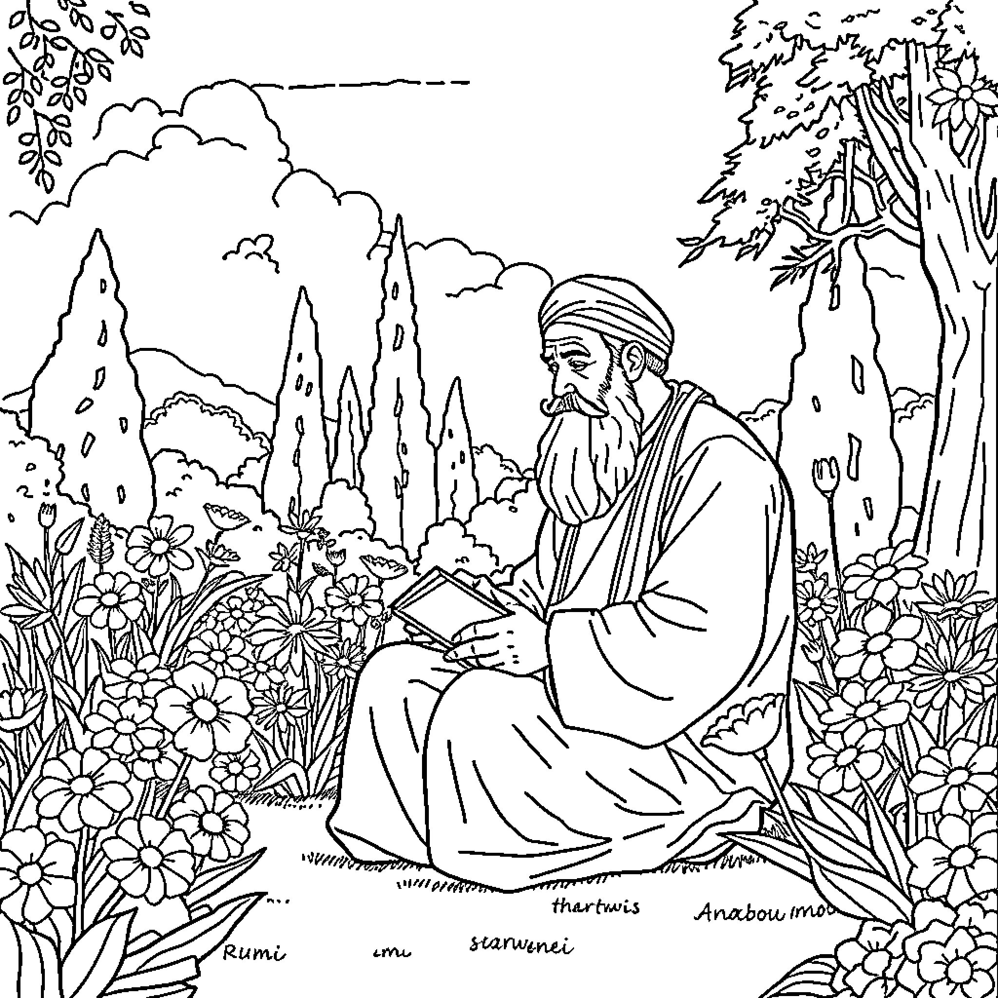 Rumi in the garden with flowers and nature Coloring Page (free black-and-white line drawing printable PDF for all, from beginners to advanced learners, including children, teens, adults, and seniors)