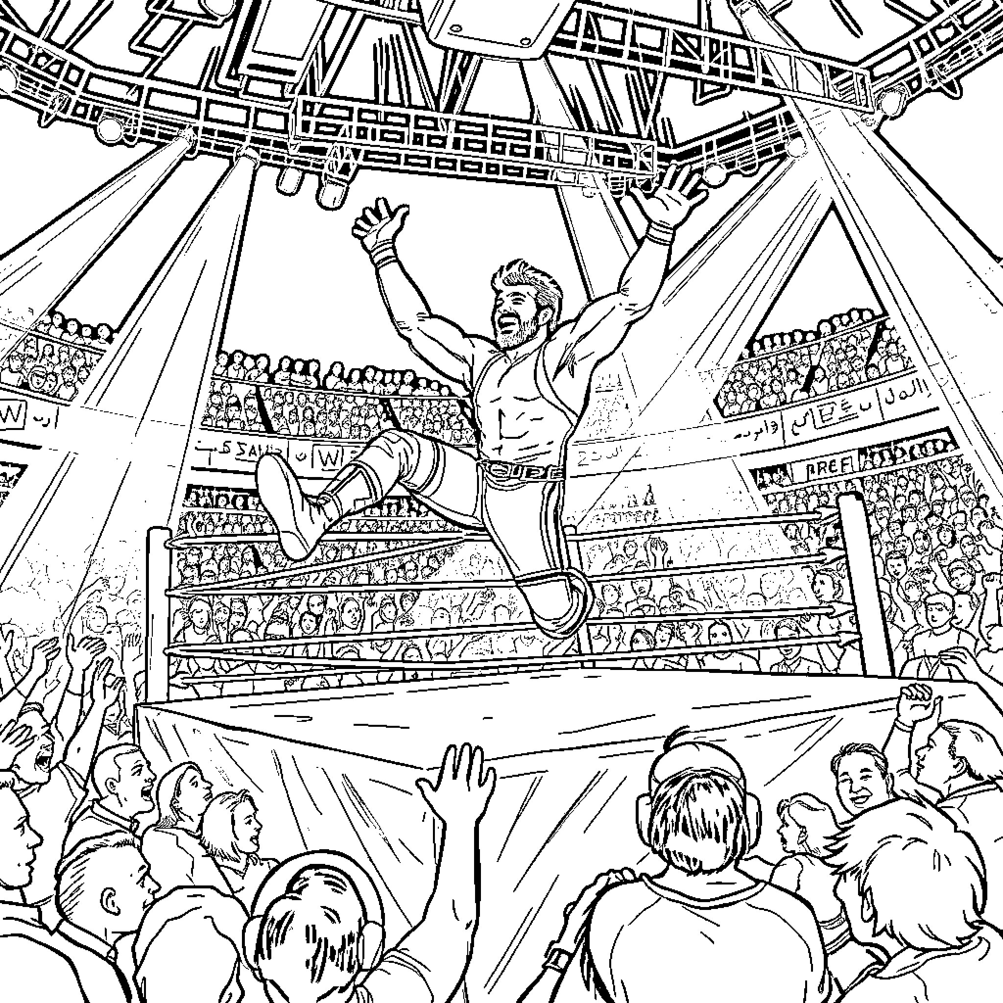 Jey Uso celebrating victory in the wrestling ring Coloring Page (free black-and-white line drawing printable PDF for all, from beginners to advanced learners, including children, teens, adults, and seniors)
