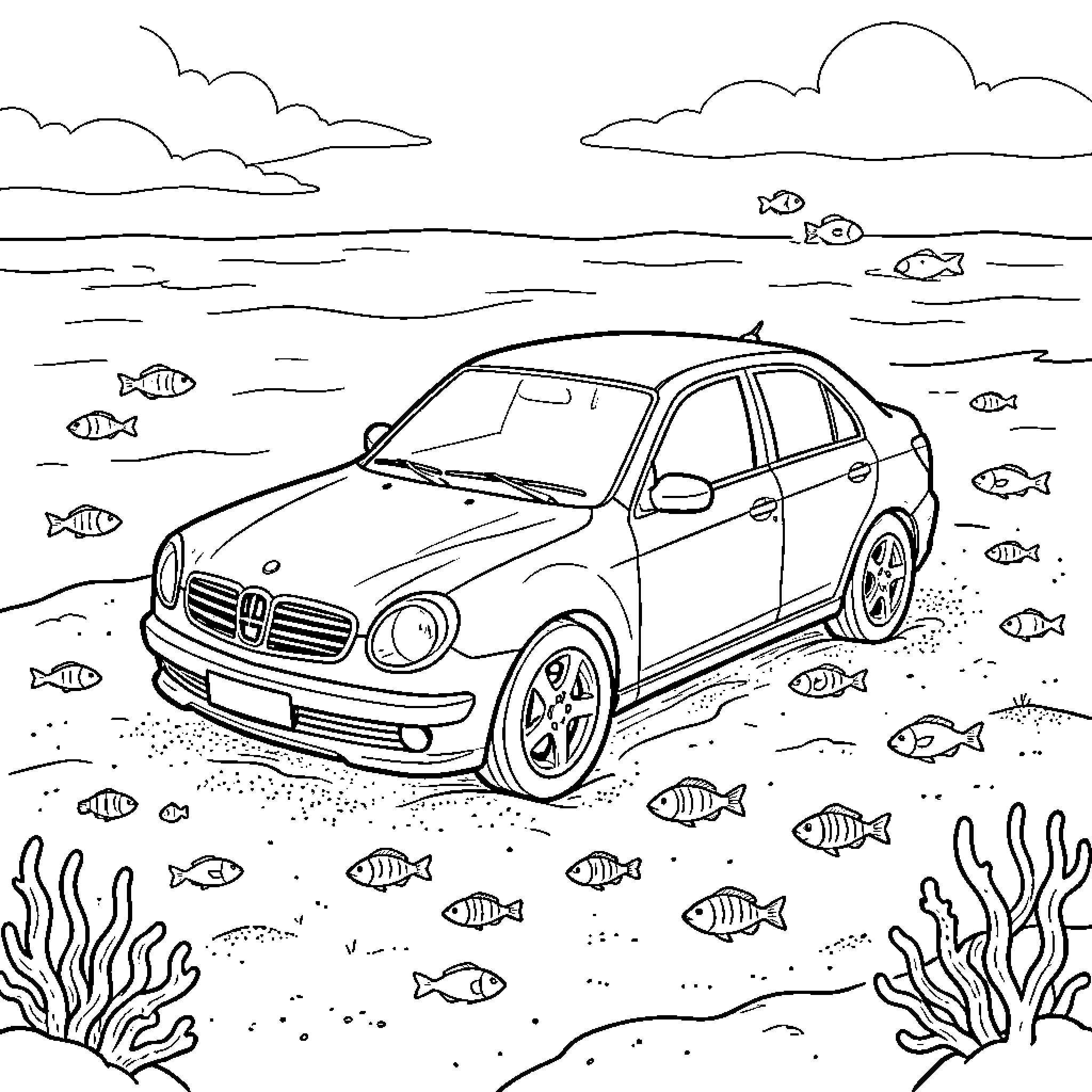 Car driving through an underwater ocean scene Coloring Page (free black-and-white line drawing printable PDF for all, from beginners to advanced learners, including children, teens, adults, and seniors)