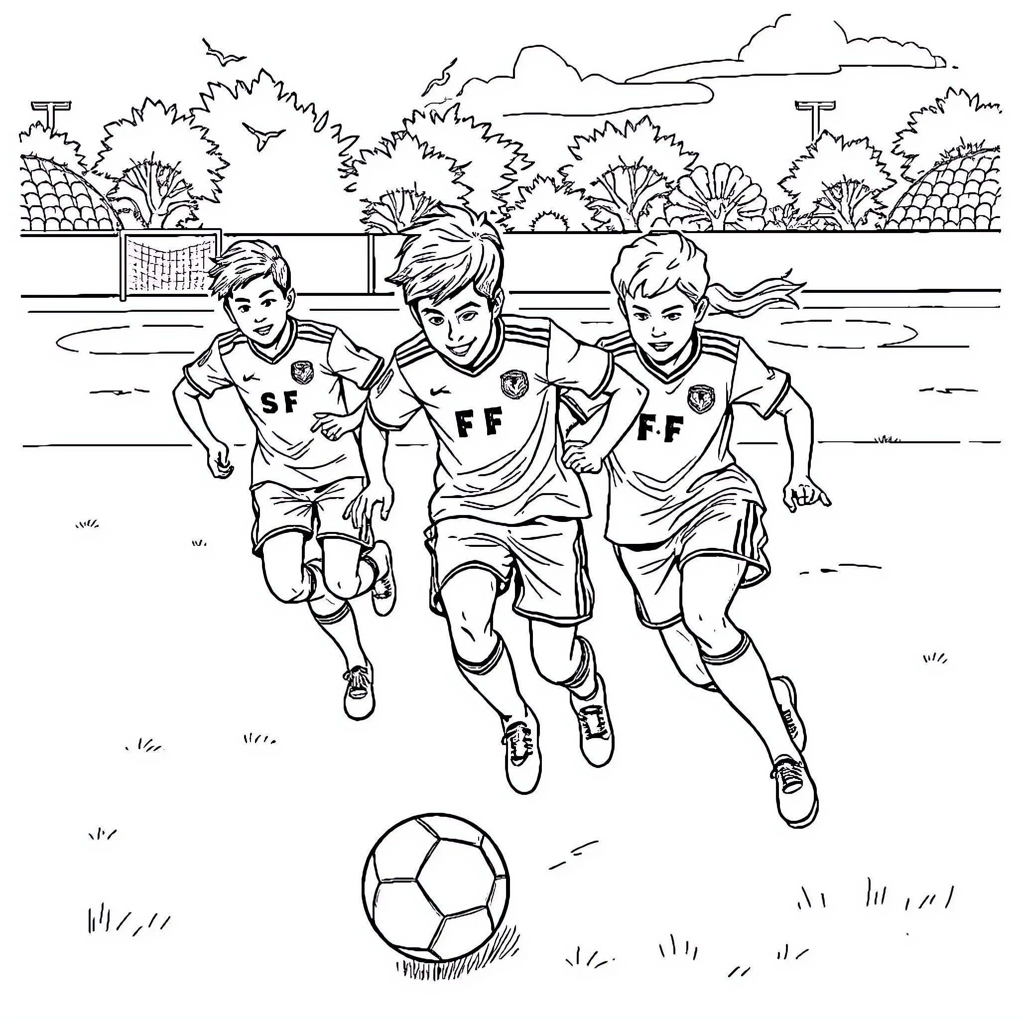Soccer players running and dribbling ball on the field Coloring Page (free black-and-white line drawing printable PDF for all, from beginners to advanced learners, including children, teens, adults, and seniors)