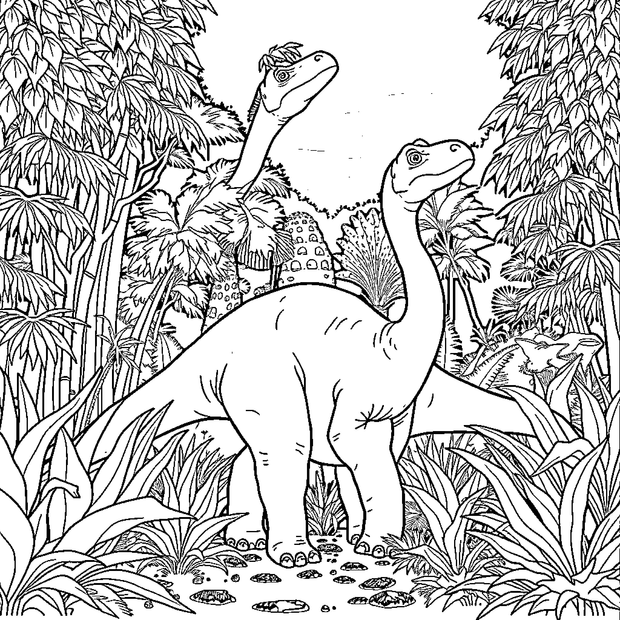Apatosaurus in Prehistoric Jungle Landscape Coloring Page (free black-and-white line drawing printable PDF for all, from beginners to advanced learners, including children, teens, adults, and seniors)