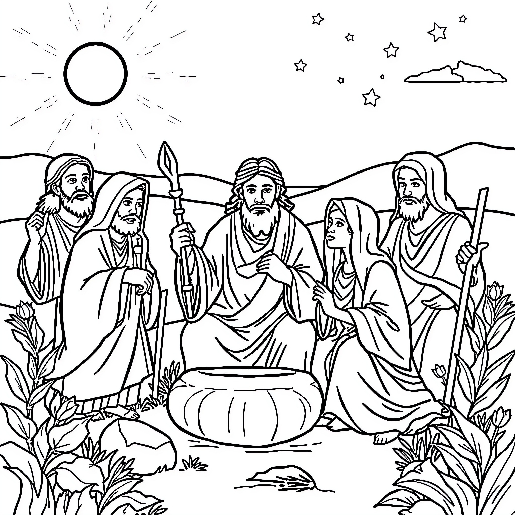 Bible Characters in a Serene Outdoor Scene Coloring Page (free black-and-white line drawing printable PDF for all, from beginners to advanced learners, including children, teens, adults, and seniors)