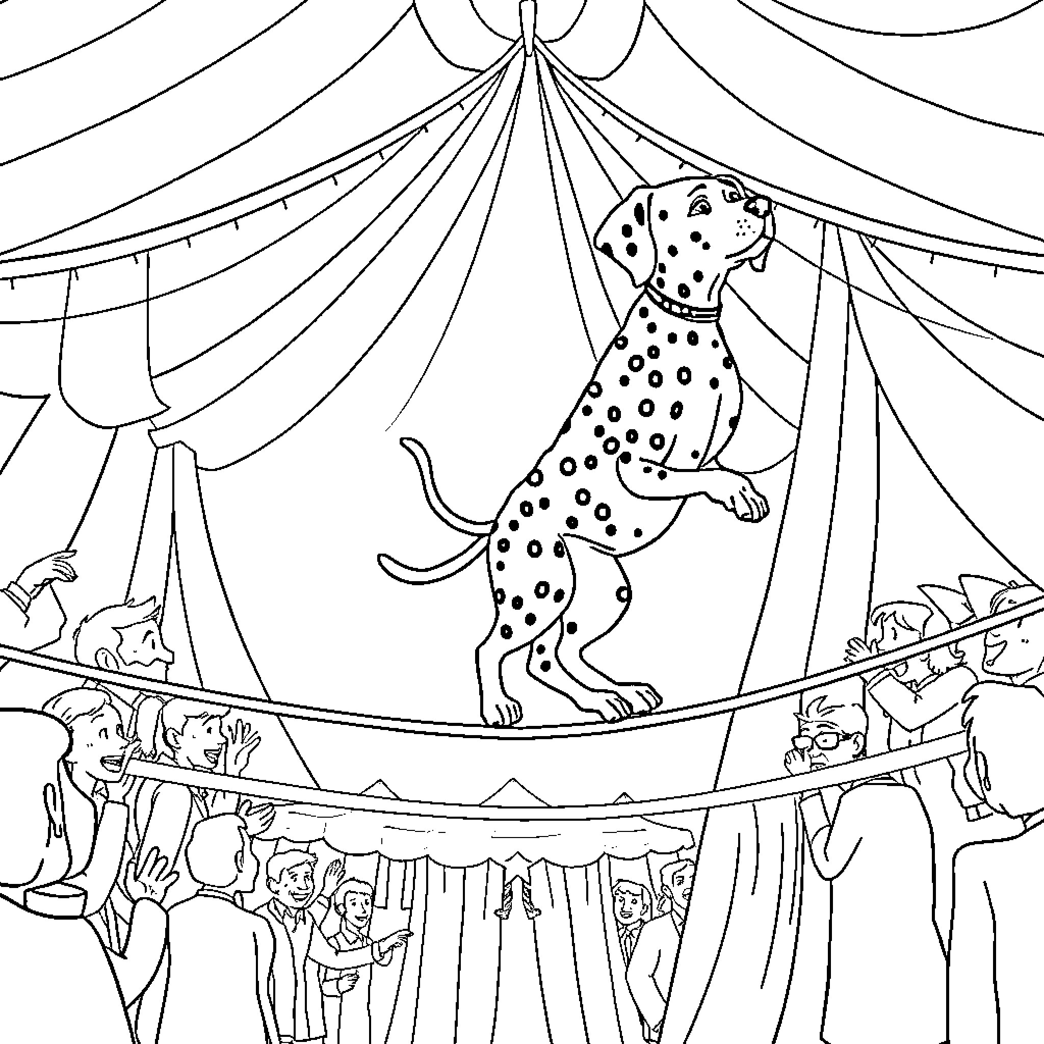Dalmatian performing at the circus Coloring Page (free black-and-white line drawing printable PDF for all, from beginners to advanced learners, including children, teens, adults, and seniors)