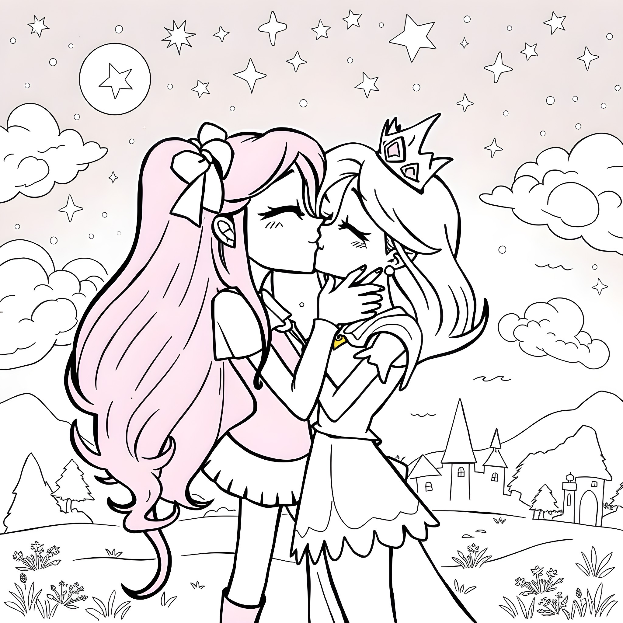 Marceline and Princess Bubblegum in a romantic embrace under the starry sky Coloring Page (free black-and-white line drawing printable PDF for all, from beginners to advanced learners, including children, teens, adults, and seniors)