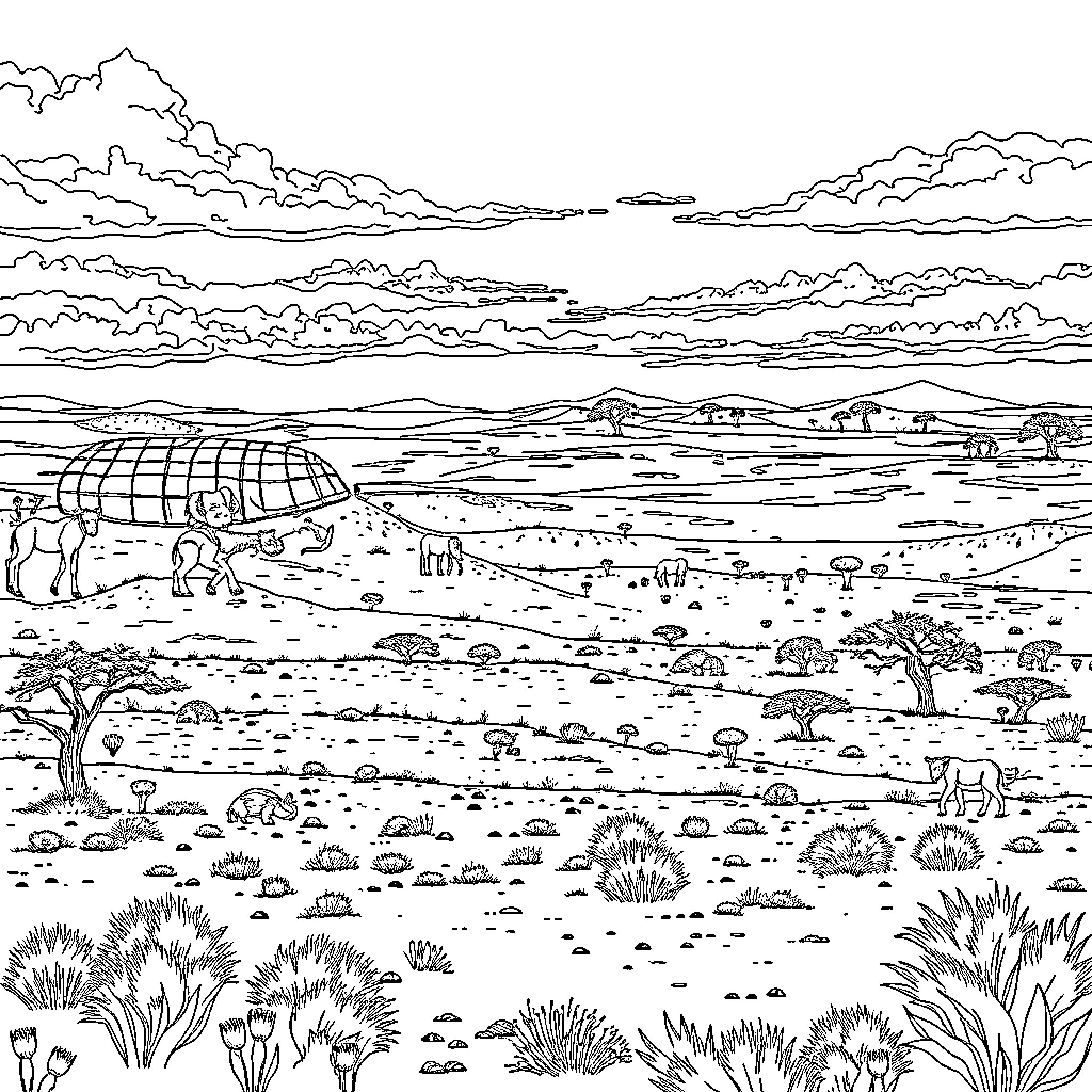 Africa: A Tranquil Wilderness Landscape Coloring Page (free black-and-white line drawing printable PDF for all, from beginners to advanced learners, including children, teens, adults, and seniors)