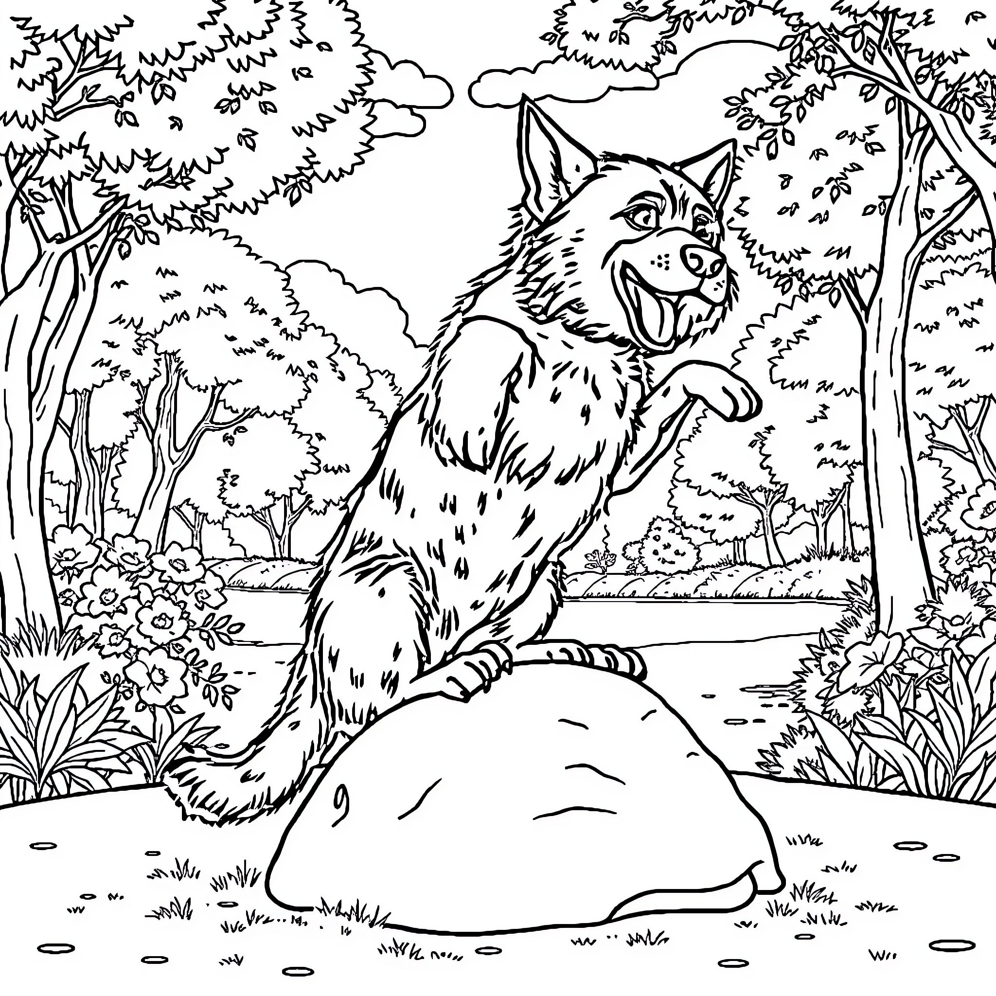 Dog sitting on a rock in a forest Coloring Page (free black-and-white line drawing printable PDF for all, from beginners to advanced learners, including children, teens, adults, and seniors)