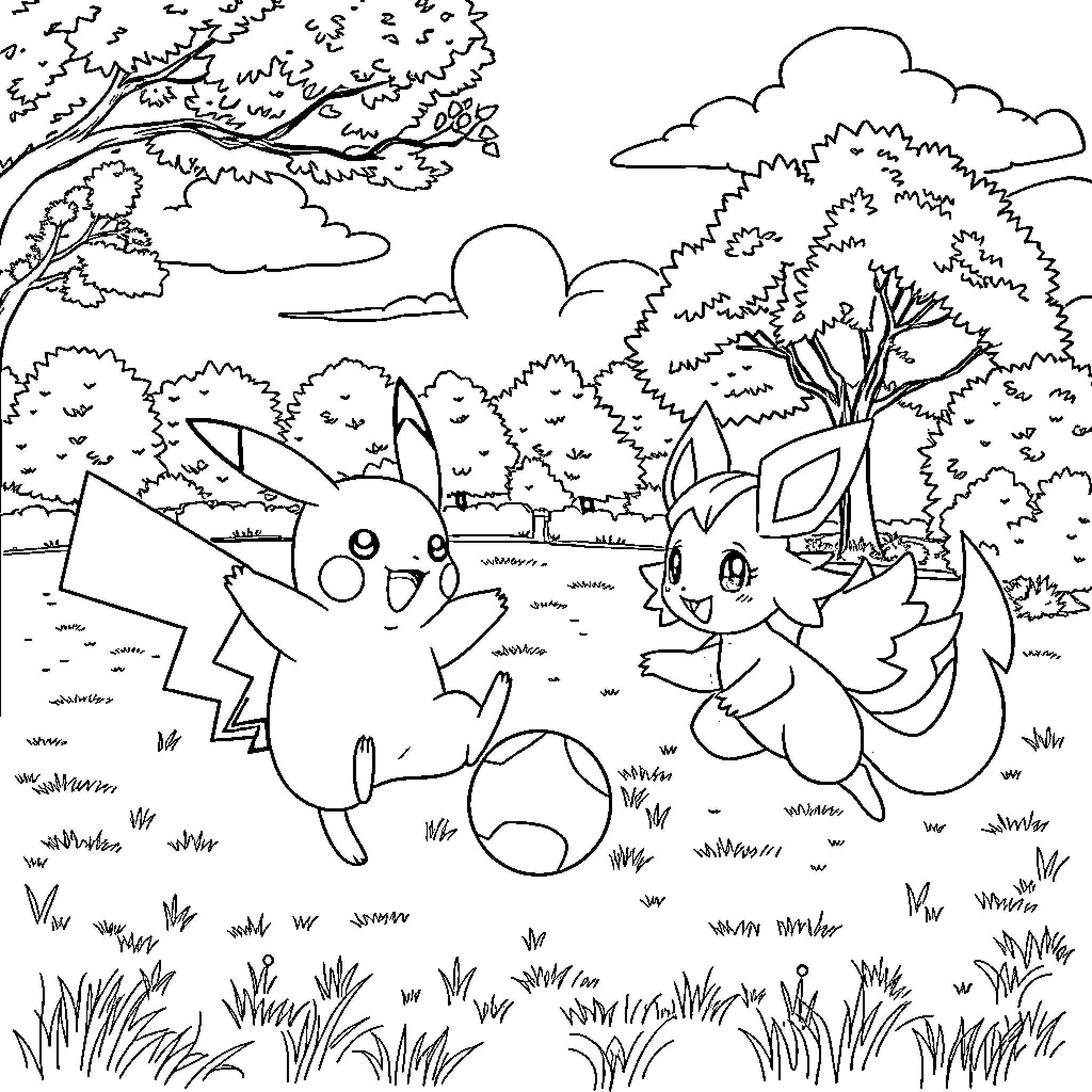 Pikachu and Eevee playing joyfully in the forest Coloring Page (free black-and-white line drawing printable PDF for all, from beginners to advanced learners, including children, teens, adults, and seniors)