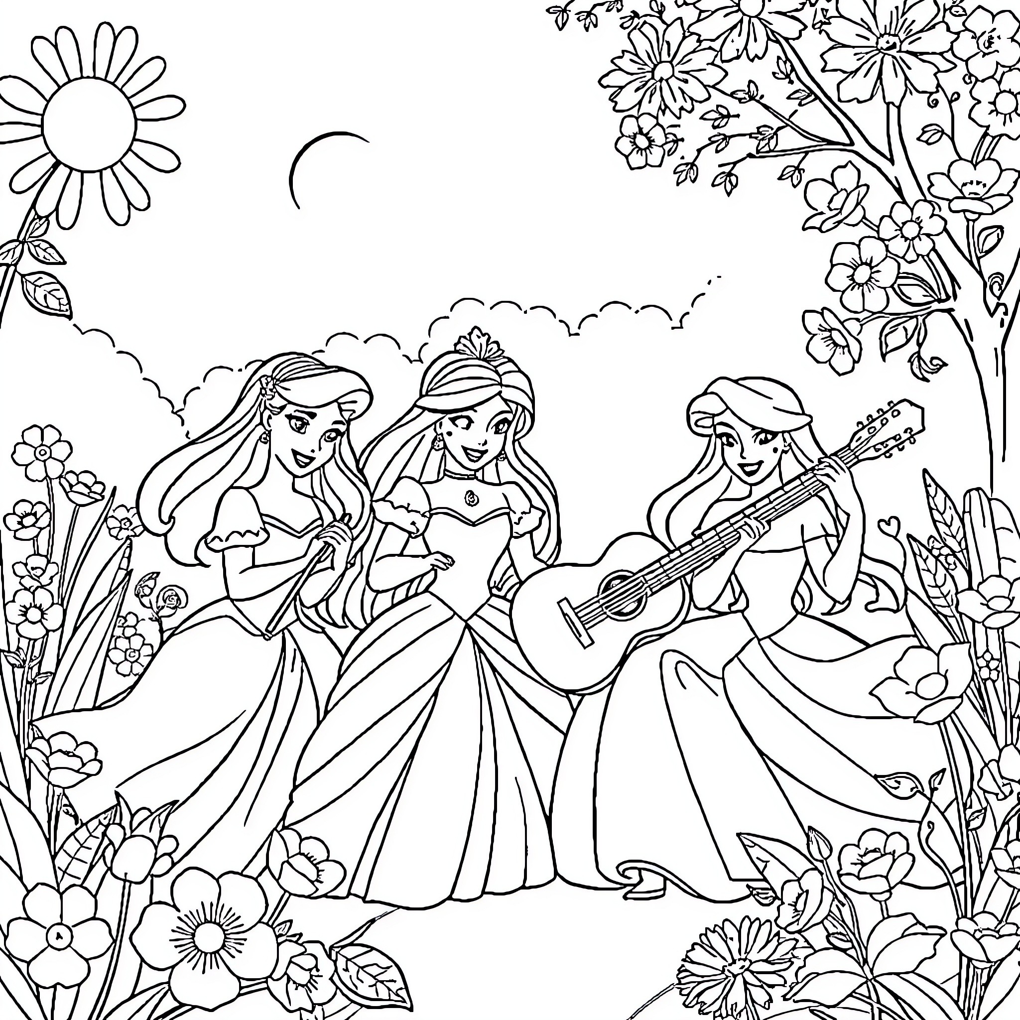 Princess Trio Enjoying Outdoor Music and Nature Coloring Page (free black-and-white line drawing printable PDF for all, from beginners to advanced learners, including children, teens, adults, and seniors)