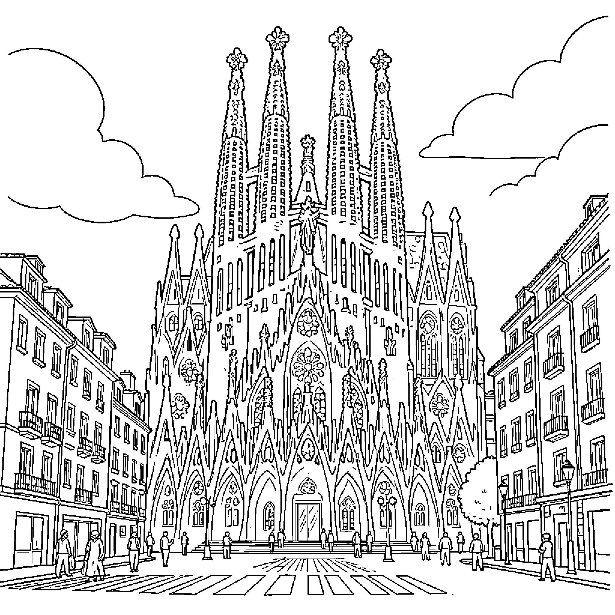 Sagrada Familia - Architectural Masterpiece in Barcelona Coloring Page (free black-and-white line drawing printable PDF for all, from beginners to advanced learners, including children, teens, adults, and seniors)