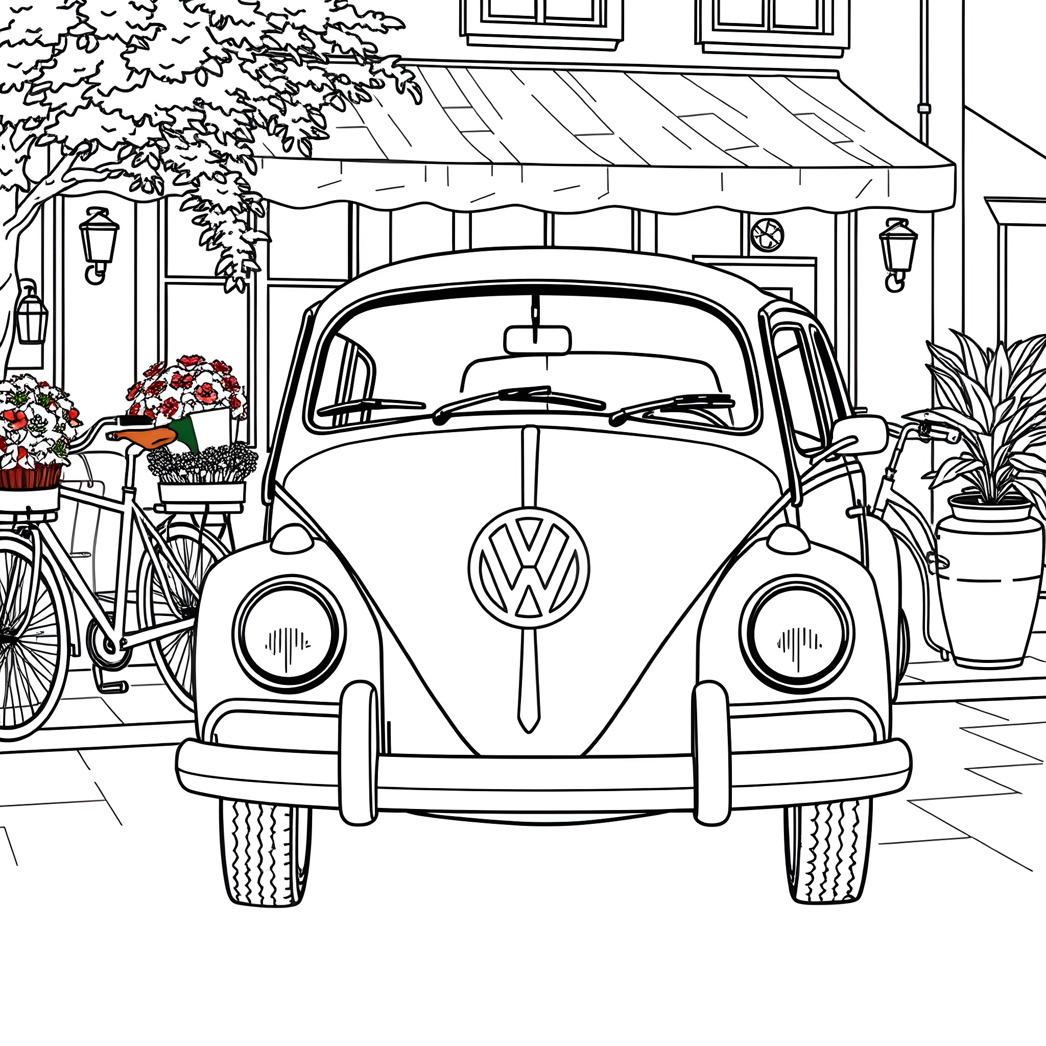 VW Type 34 vintage car parked on a city street Coloring Page (free black-and-white line drawing printable PDF for all, from beginners to advanced learners, including children, teens, adults, and seniors)