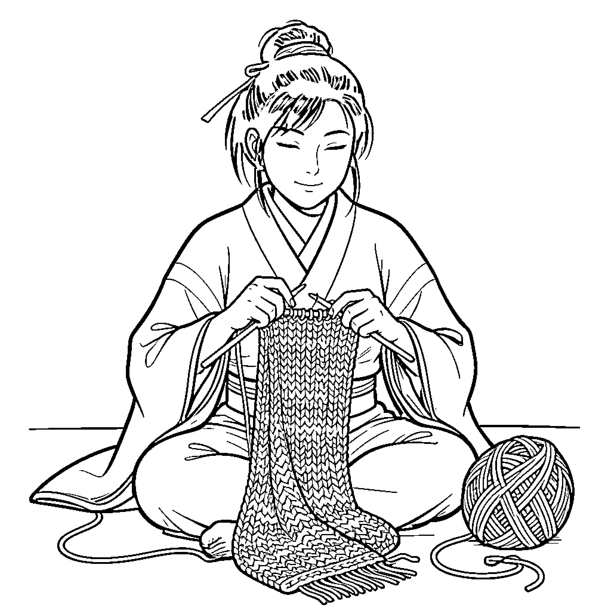 Sangoku character sitting peacefully while knitting a long scarf Coloring Page (free black-and-white line drawing printable PDF for all, from beginners to advanced learners, including children, teens, adults, and seniors)