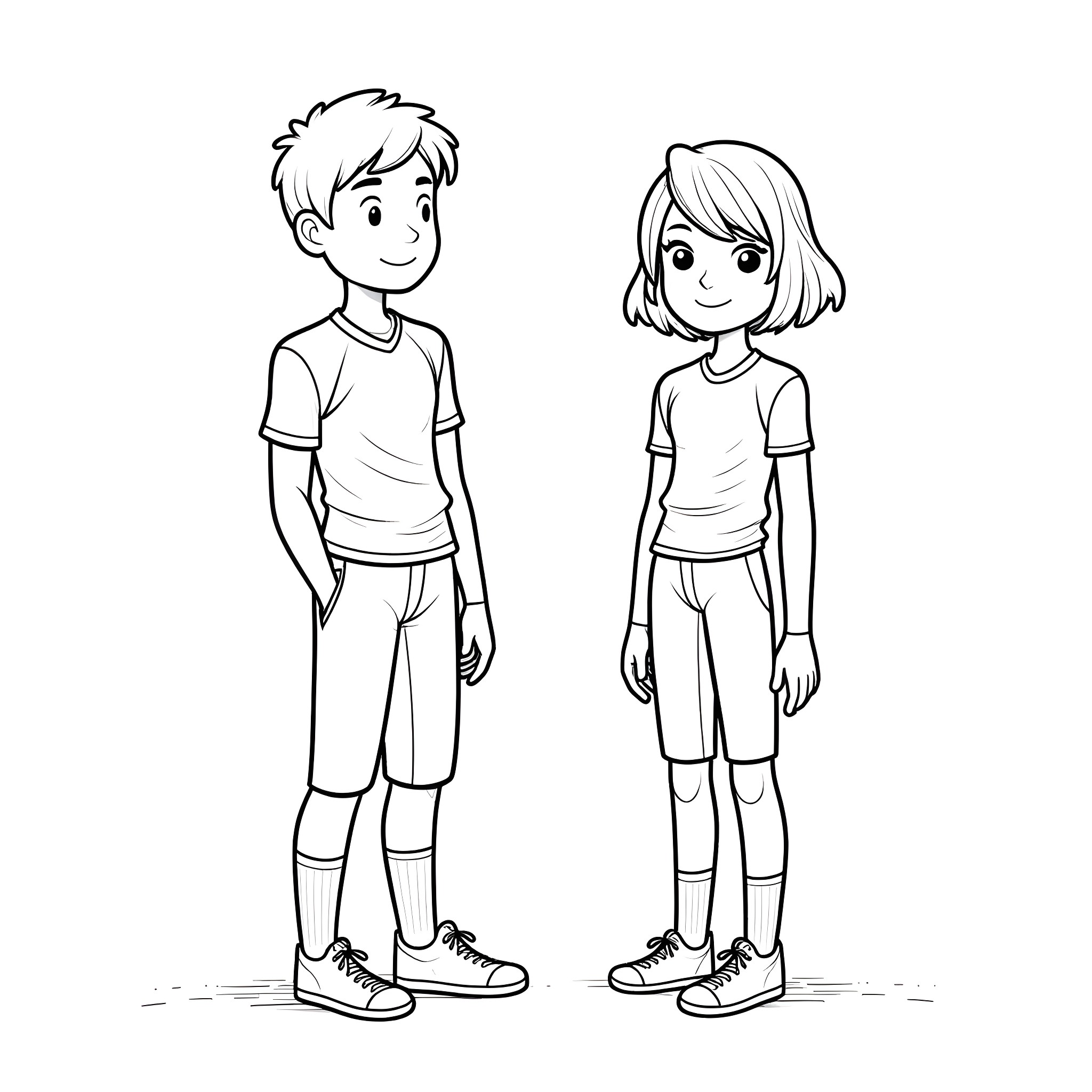 Boy and girl standing together happily Coloring Page (free black-and-white line drawing printable PDF for all, from beginners to advanced learners, including children, teens, adults, and seniors)