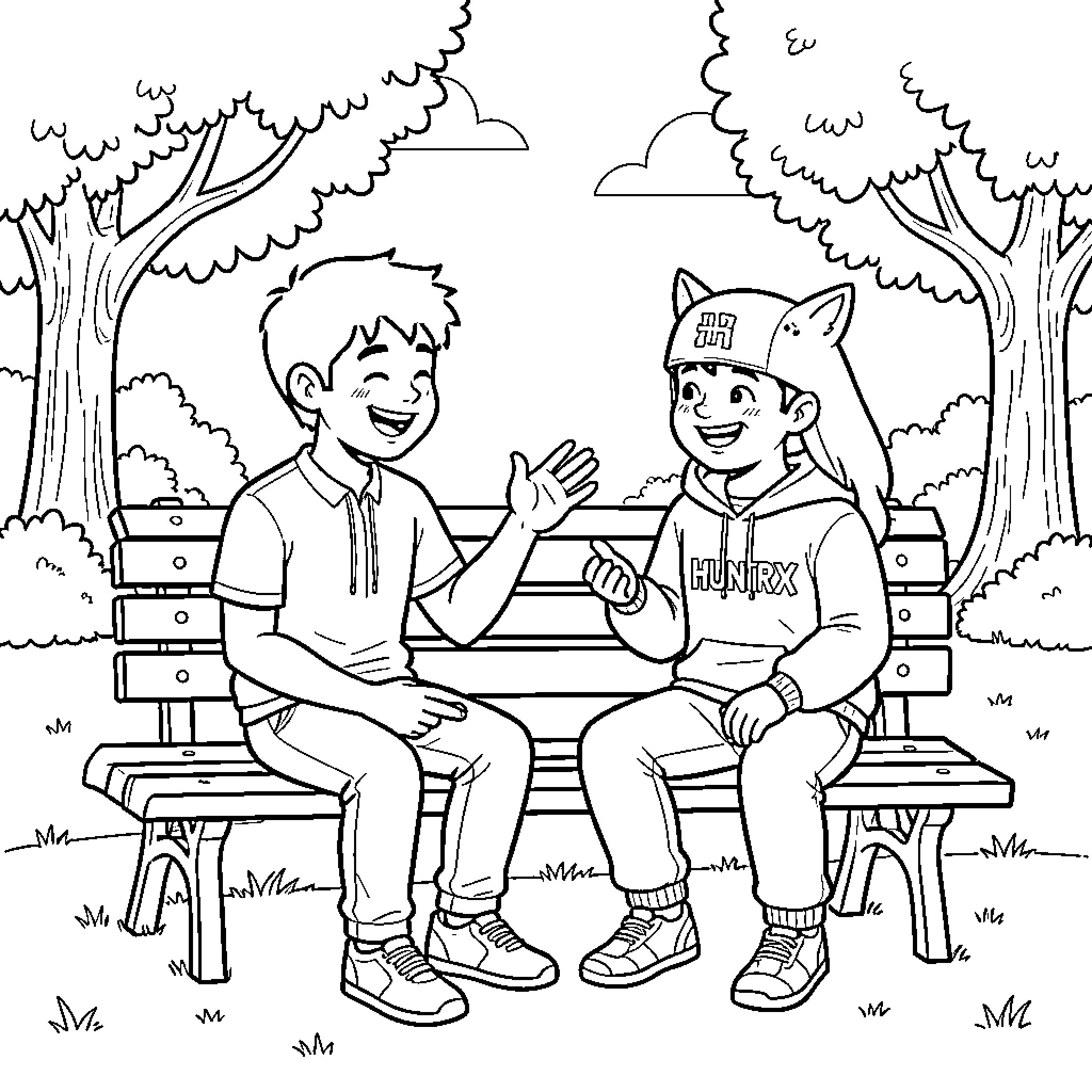Saja Boy Enjoying Conversation with Friend on Bench Coloring Page (free black-and-white line drawing printable PDF for all, from beginners to advanced learners, including children, teens, adults, and seniors)