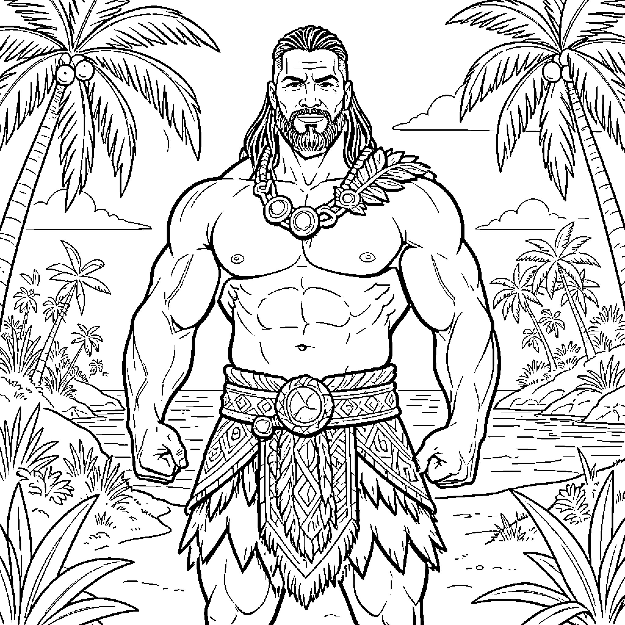Maui standing heroically in a tropical island landscape Coloring Page (free black-and-white line drawing printable PDF for all, from beginners to advanced learners, including children, teens, adults, and seniors)