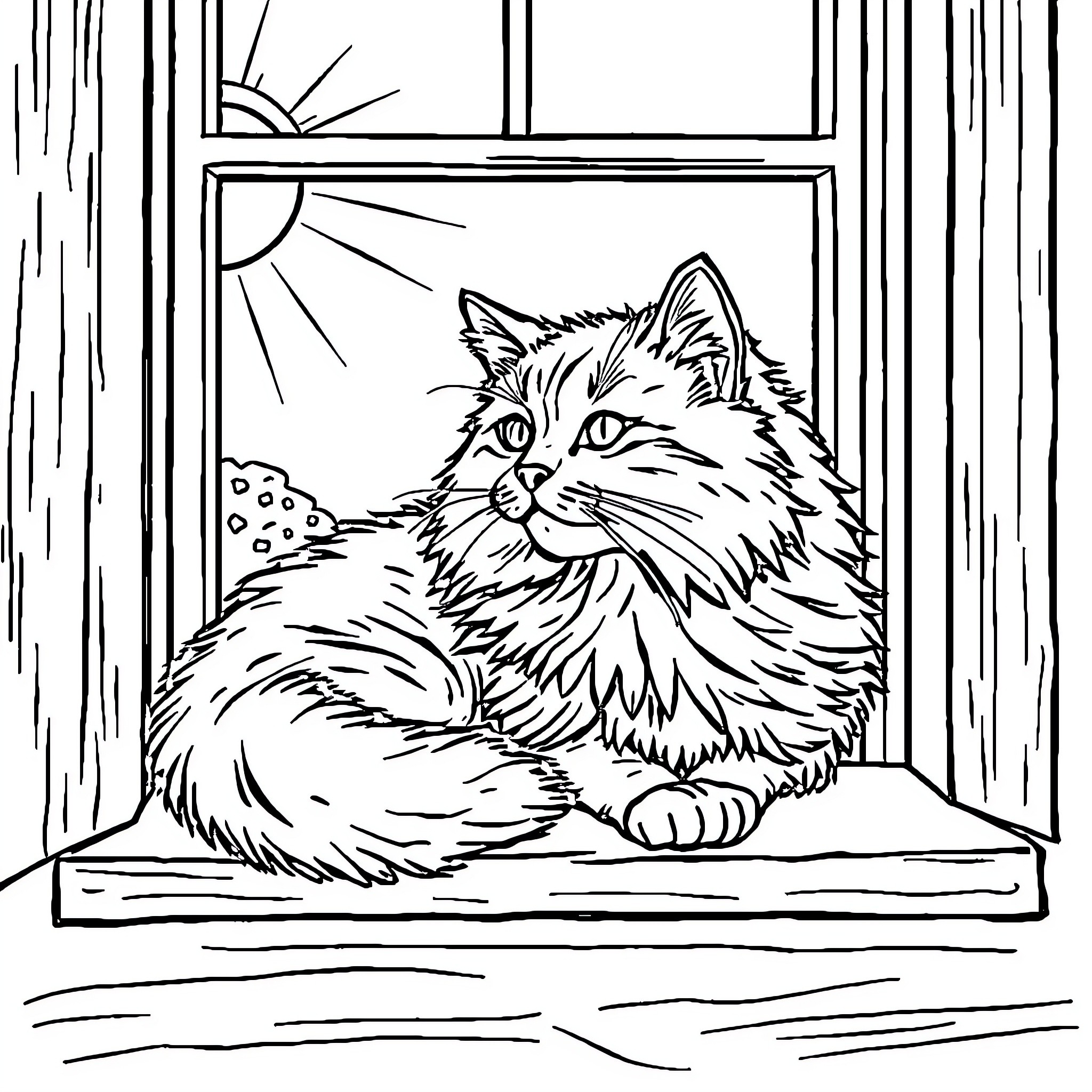 Cat gazing through the window Coloring Page (free black-and-white line drawing printable PDF for all, from beginners to advanced learners, including children, teens, adults, and seniors)