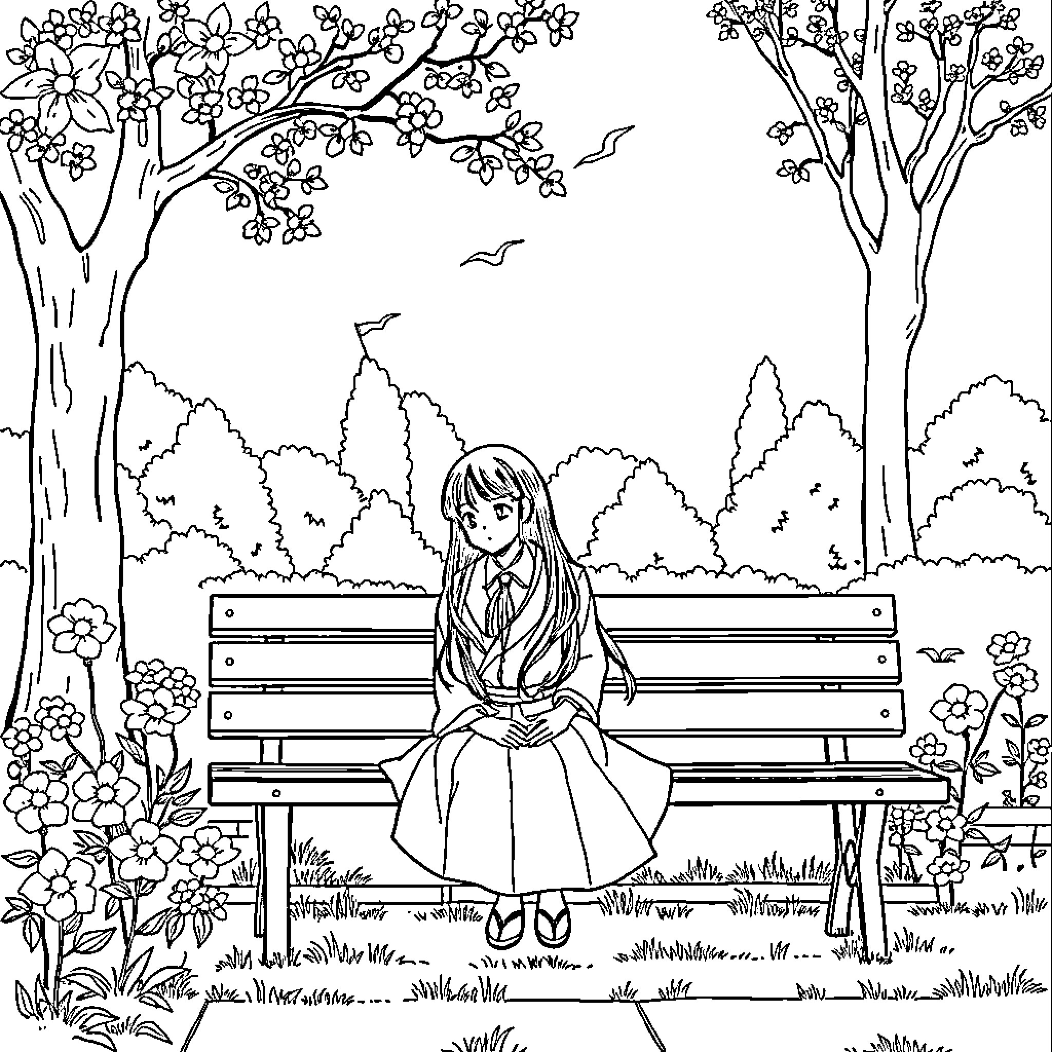 Nezuko sitting alone on a bench in a serene garden Coloring Page (free black-and-white line drawing printable PDF for all, from beginners to advanced learners, including children, teens, adults, and seniors)