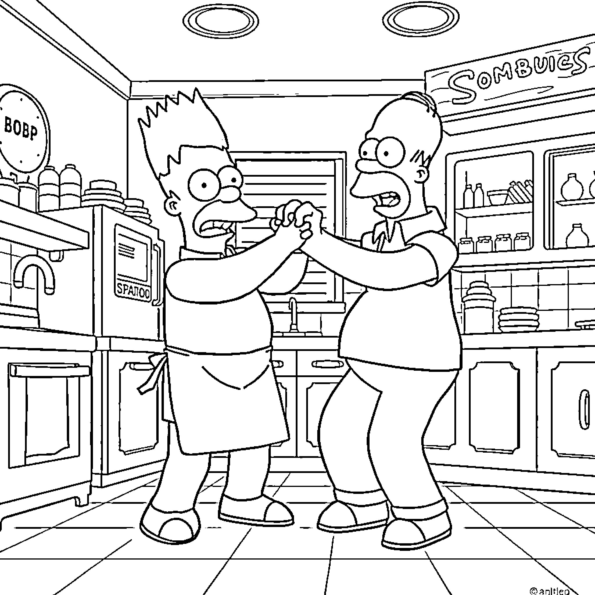 Bob and his friend in the kitchen Coloring Page (free black-and-white line drawing printable PDF for all, from beginners to advanced learners, including children, teens, adults, and seniors)