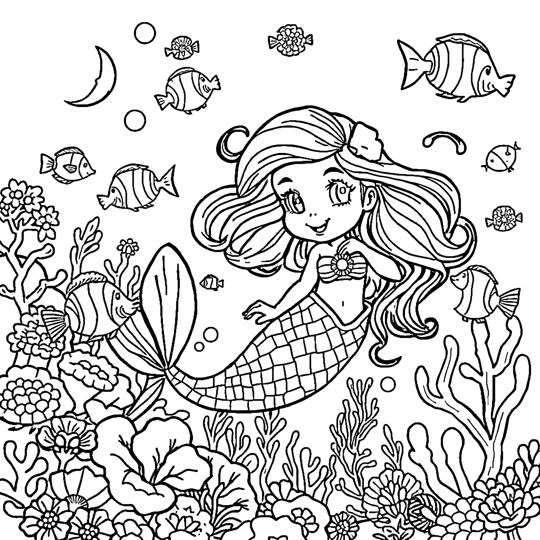 Mermaid relaxing among vibrant marine life Coloring Page (free black-and-white line drawing printable PDF for all, from beginners to advanced learners, including children, teens, adults, and seniors)