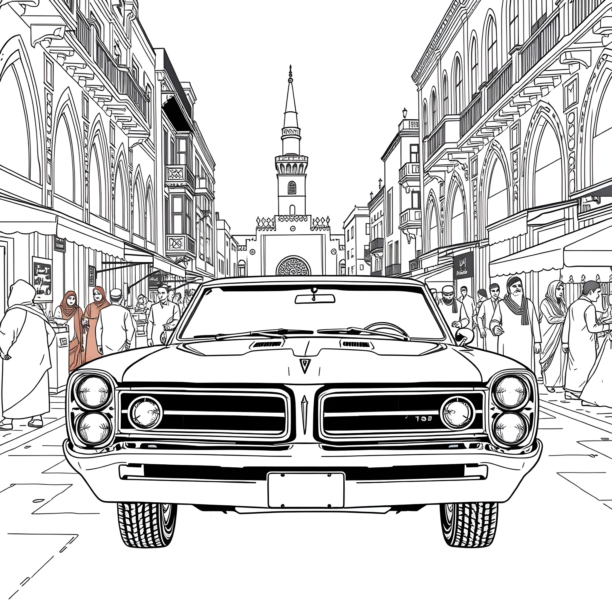 Pontiac muscle car on the street of a historic city Coloring Page (free black-and-white line drawing printable PDF for all, from beginners to advanced learners, including children, teens, adults, and seniors)