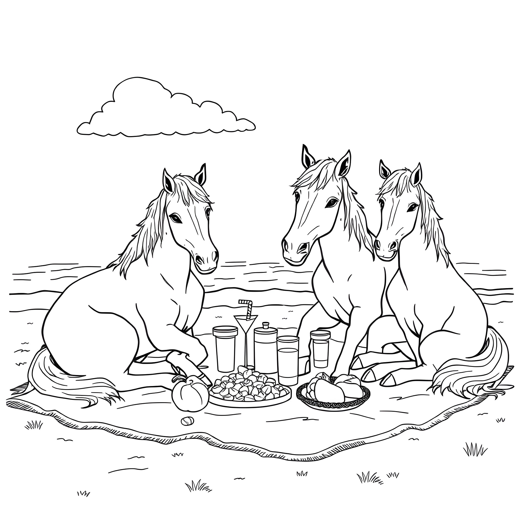 Horse Friends Enjoying a Picnic Coloring Page (free black-and-white line drawing printable PDF for all, from beginners to advanced learners, including children, teens, adults, and seniors)