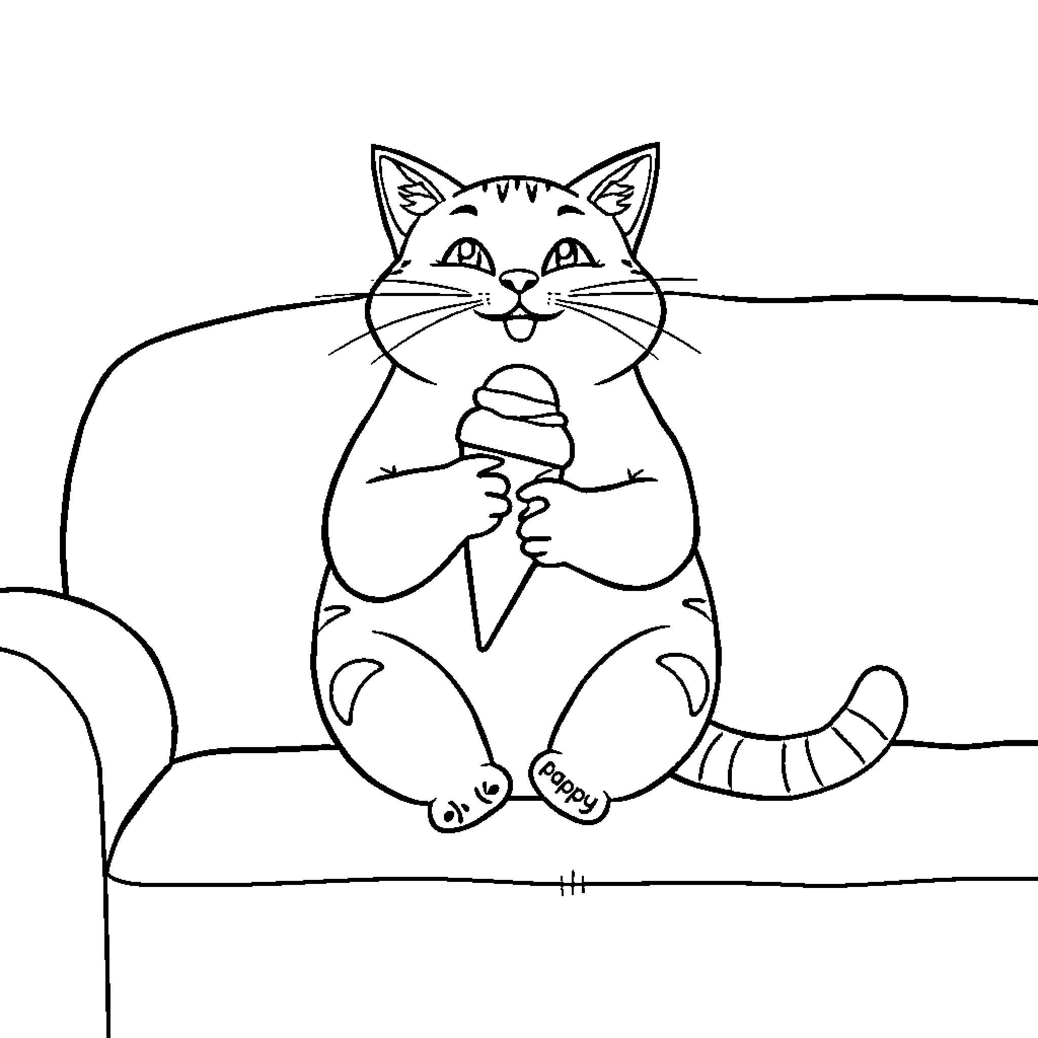 Cat enjoying a tasty ice cream treat Coloring Page (free black-and-white line drawing printable PDF for all, from beginners to advanced learners, including children, teens, adults, and seniors)