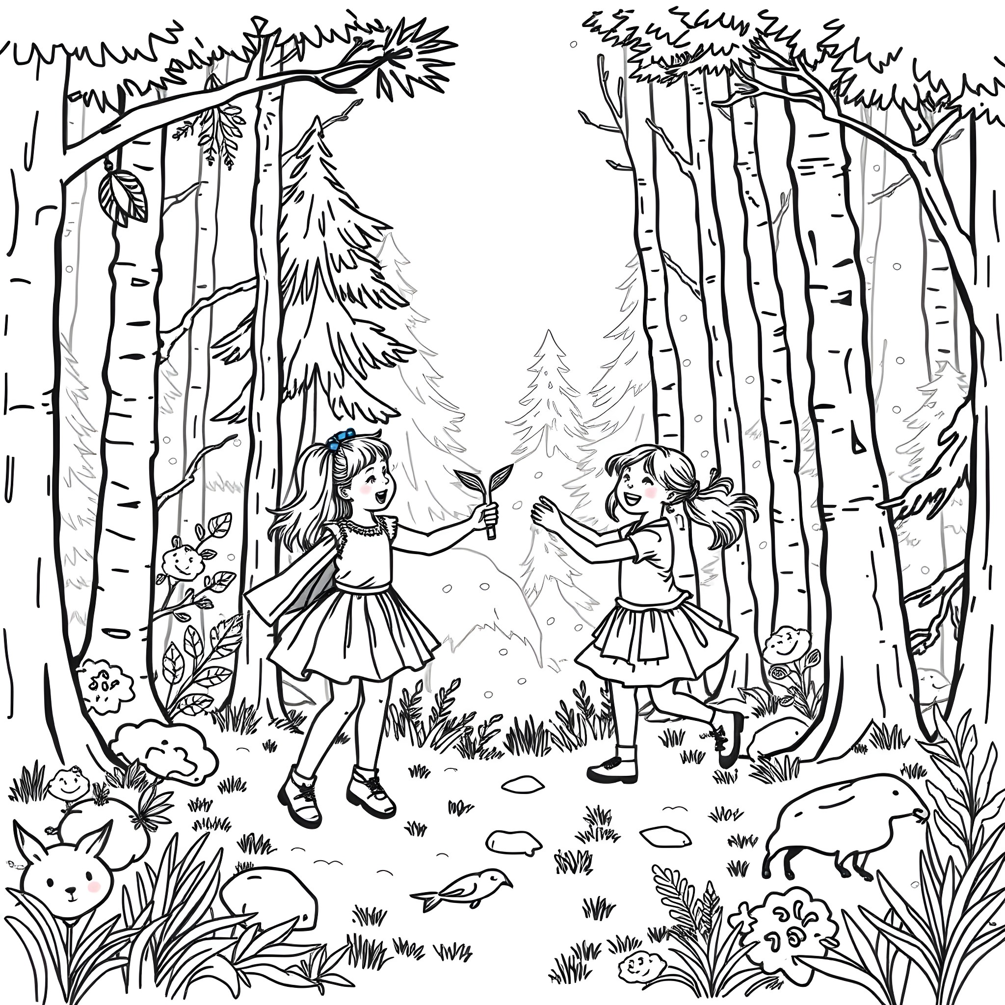 Girls playing joyfully in the forest Coloring Page (free black-and-white line drawing printable PDF for all, from beginners to advanced learners, including children, teens, adults, and seniors)