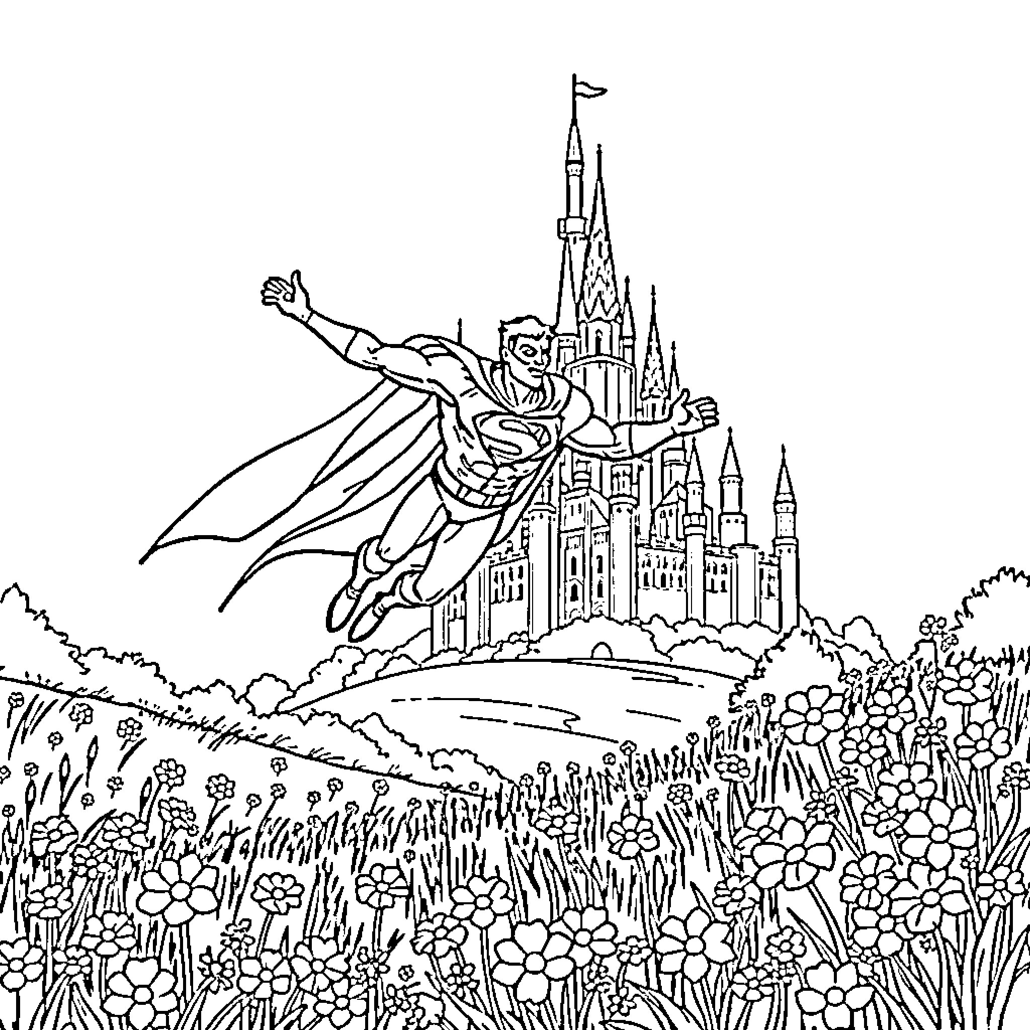 Superhero Flying Over Fantastical Castle Coloring Page (free black-and-white line drawing printable PDF for all, from beginners to advanced learners, including children, teens, adults, and seniors)