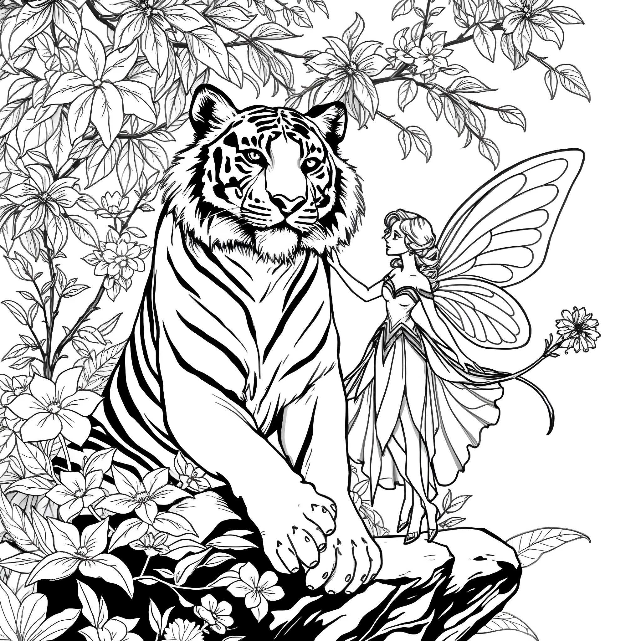 Tiger in Enchanted Floral Forest with Fairy Coloring Page (free black-and-white line drawing printable PDF for all, from beginners to advanced learners, including children, teens, adults, and seniors)