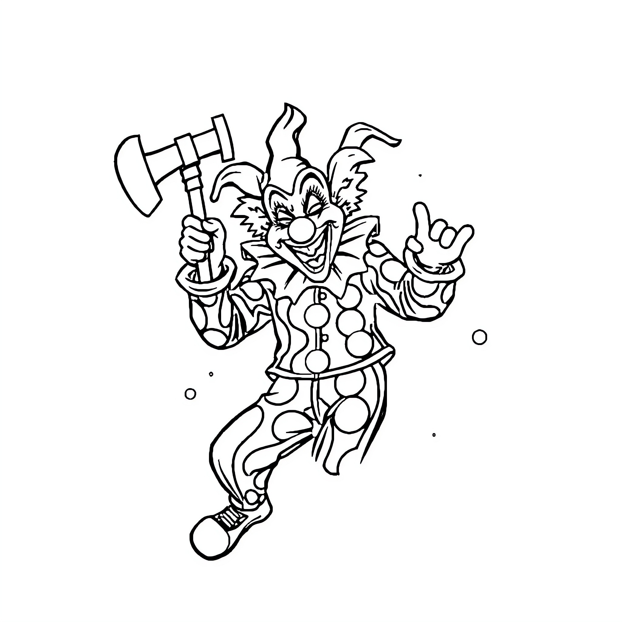 Hatchetman Clown Wielding Axe with Exaggerated Expression Coloring Page (free black-and-white line drawing printable PDF for all, from beginners to advanced learners, including children, teens, adults, and seniors)