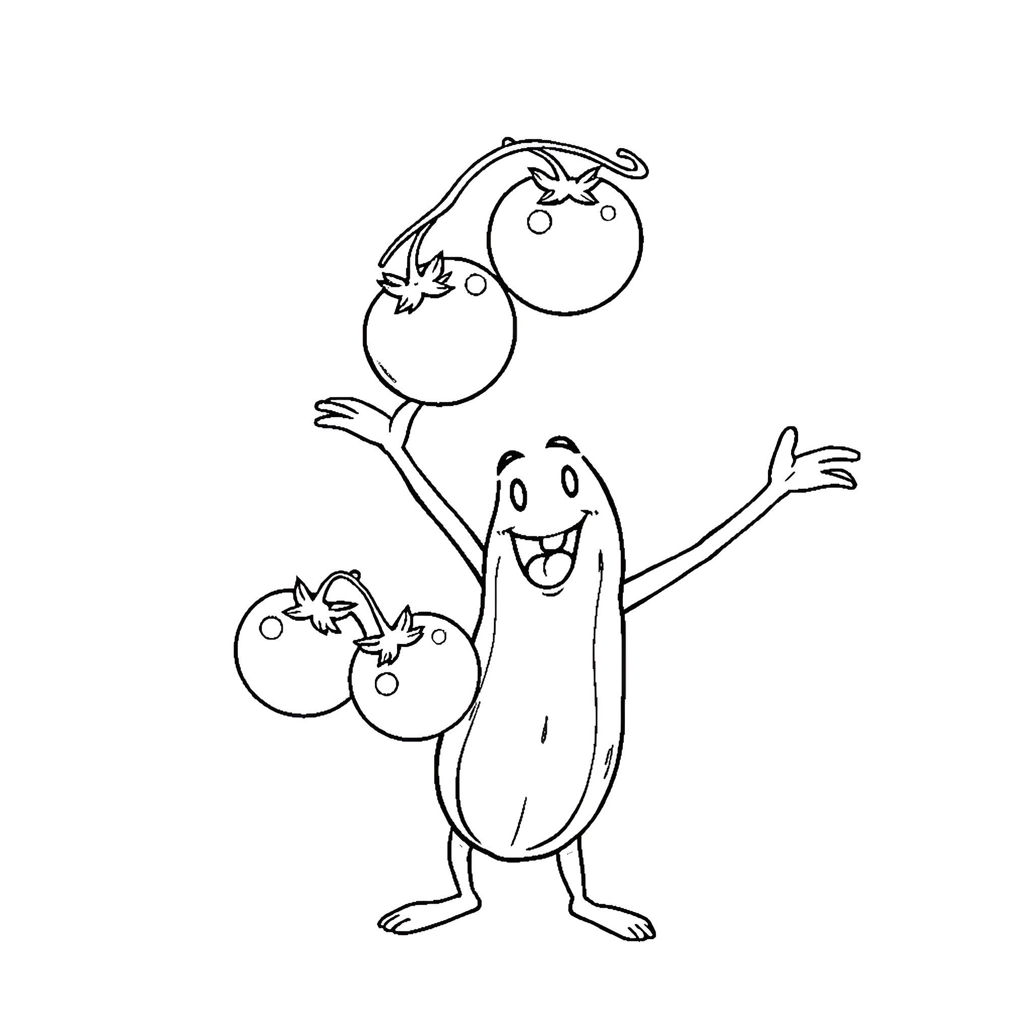 Cucumber character juggling vegetables Coloring Page (free black-and-white line drawing printable PDF for all, from beginners to advanced learners, including children, teens, adults, and seniors)