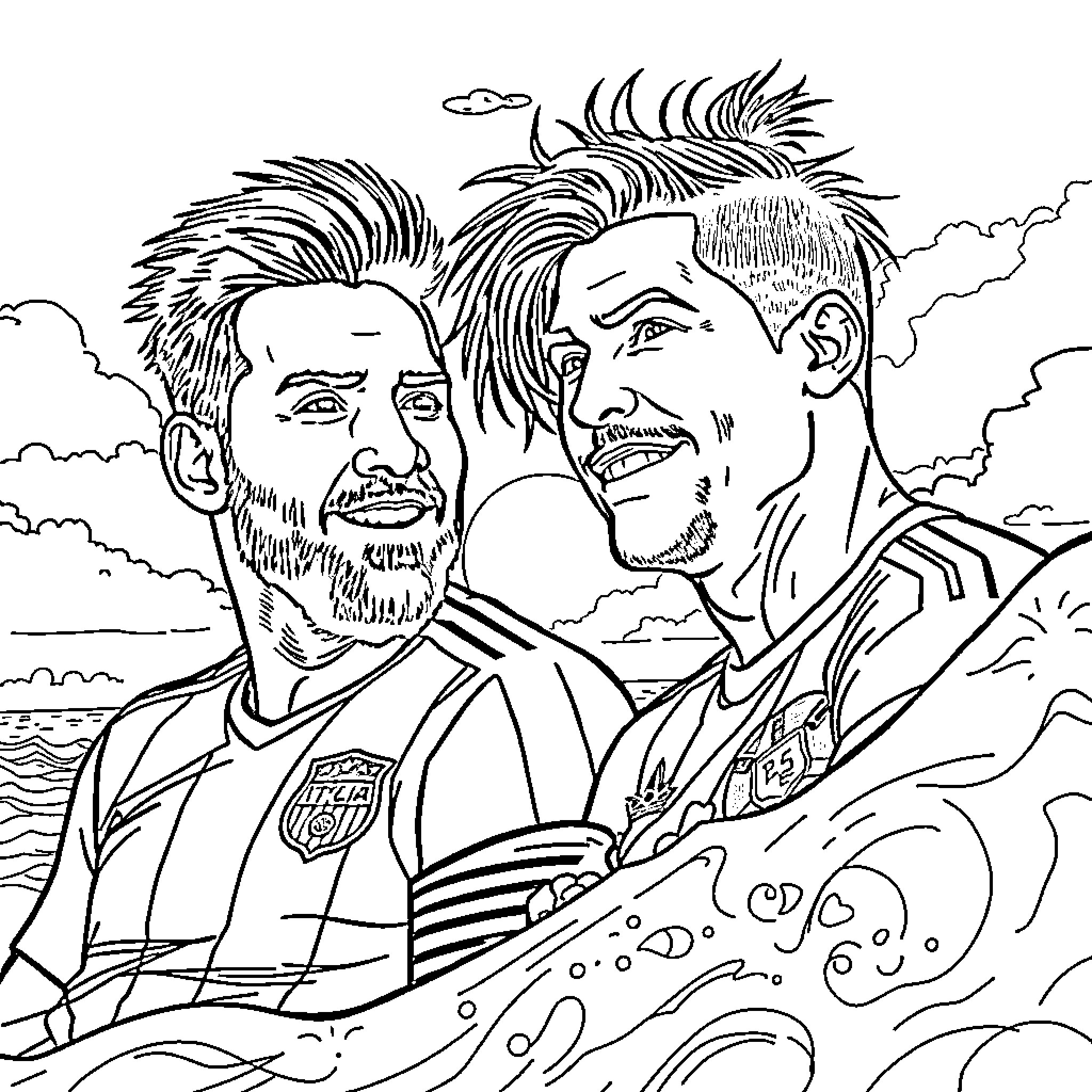 Messi and teammate having a friendly discussion on the field Coloring Page (free black-and-white line drawing printable PDF for all, from beginners to advanced learners, including children, teens, adults, and seniors)