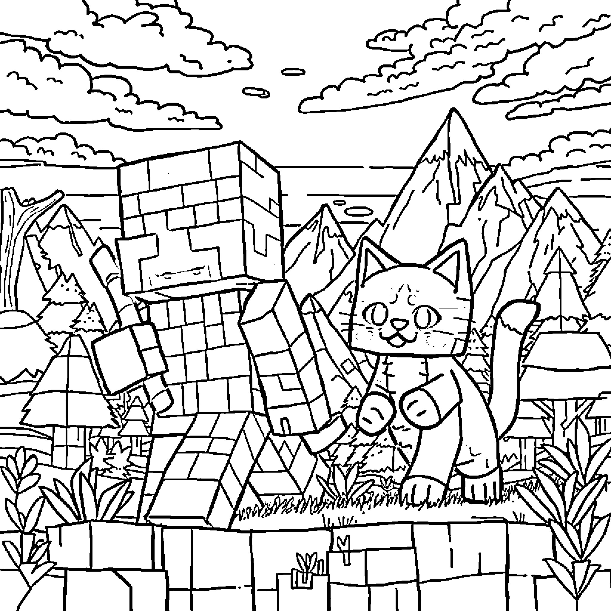 Dogs exploring a fantastical landscape Coloring Page (free black-and-white line drawing printable PDF for all, from beginners to advanced learners, including children, teens, adults, and seniors)