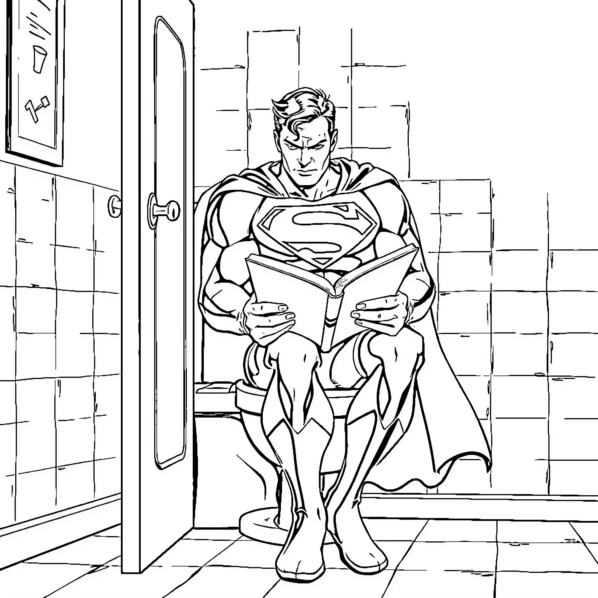 Superman reading a book in a dimly lit room Coloring Page (free black-and-white line drawing printable PDF for all, from beginners to advanced learners, including children, teens, adults, and seniors)