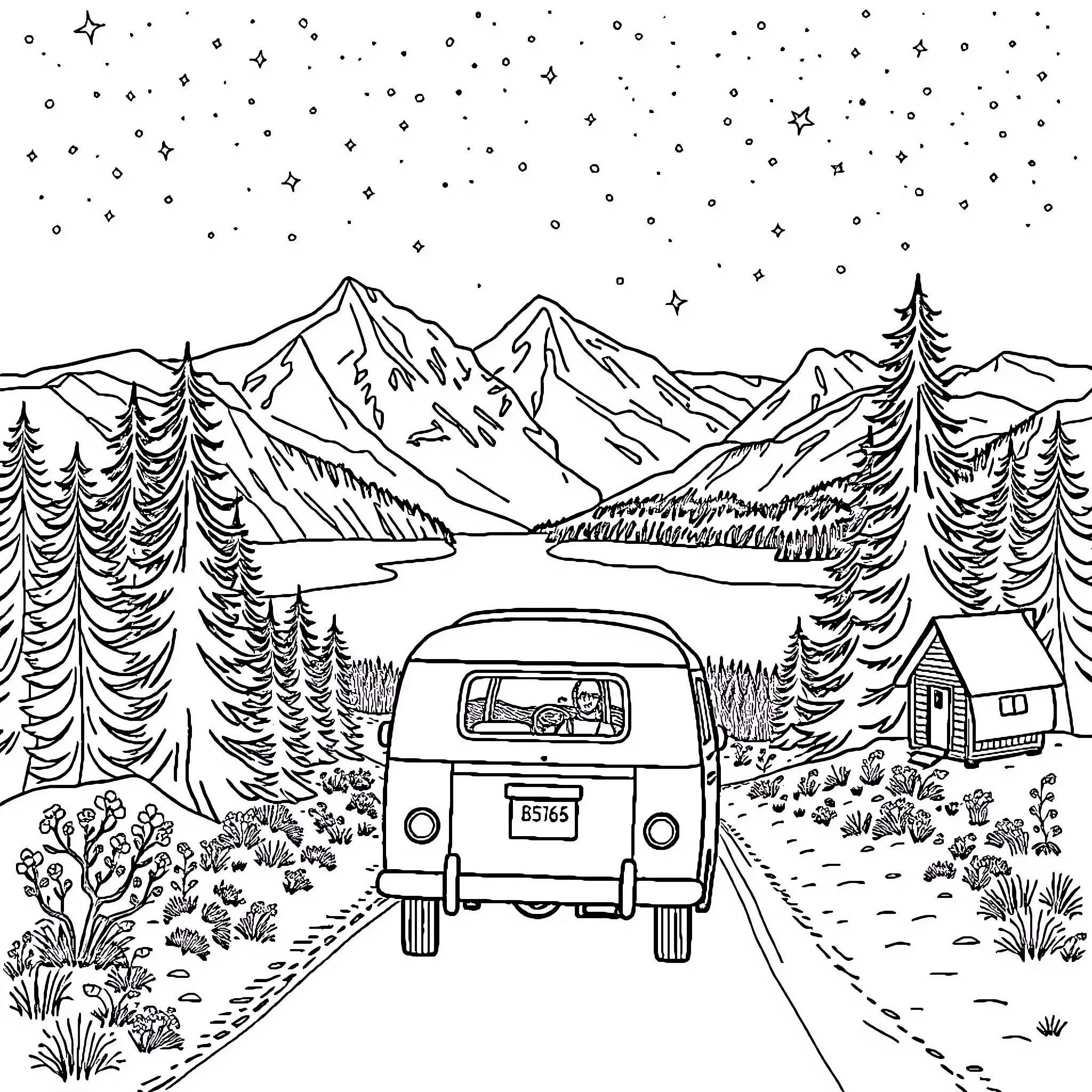 Road Trip through Scenic Mountain Landscape Coloring Page (free black-and-white line drawing printable PDF for all, from beginners to advanced learners, including children, teens, adults, and seniors)