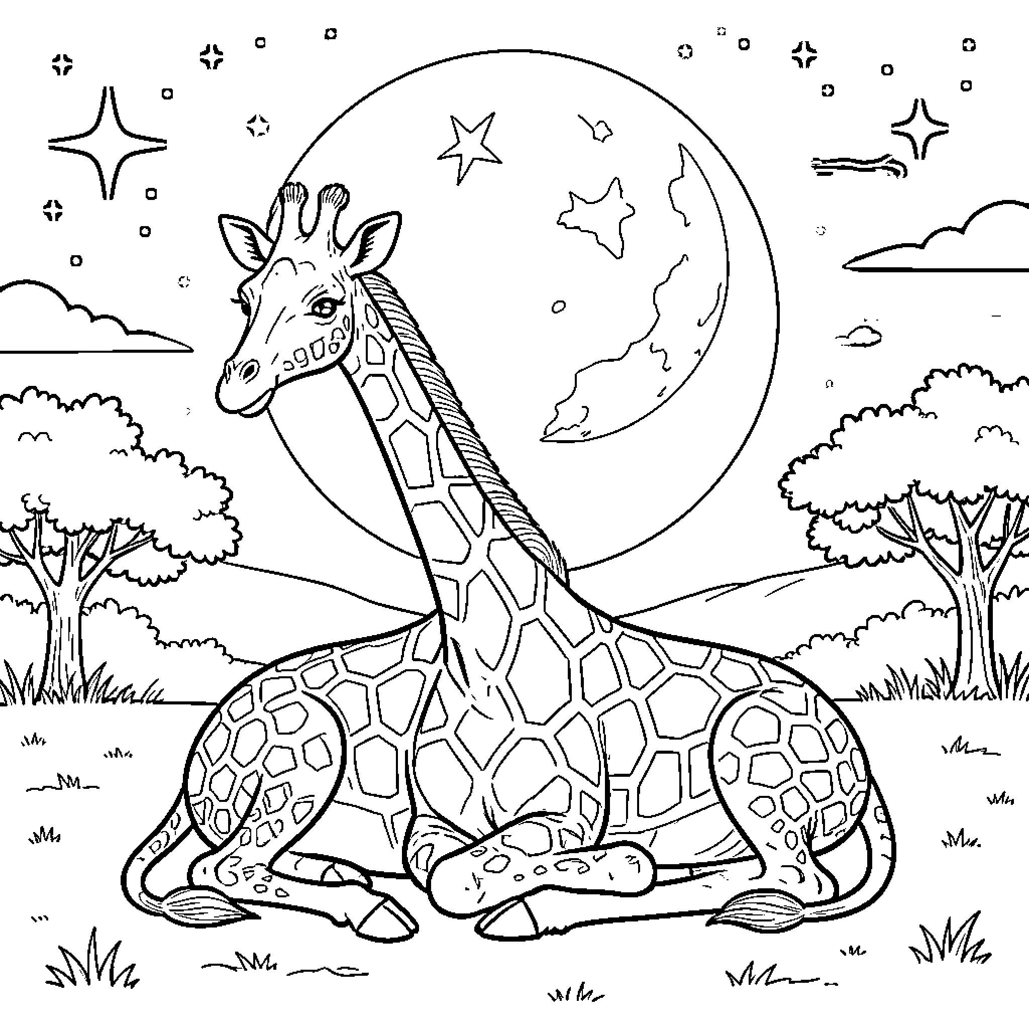 Giraffe resting peacefully under a large moon Coloring Page (free black-and-white line drawing printable PDF for all, from beginners to advanced learners, including children, teens, adults, and seniors)