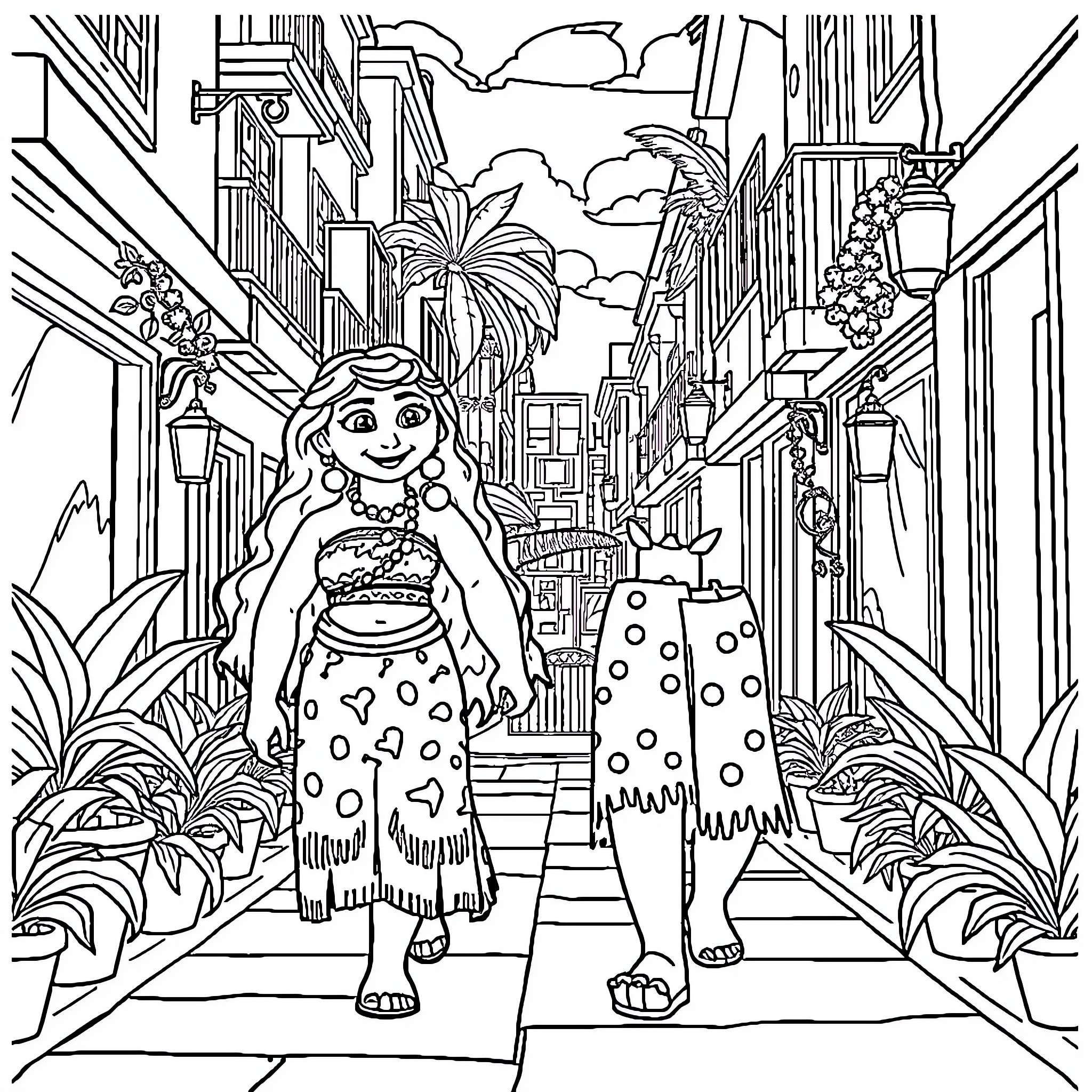 Moana exploring the vibrant streets of a tropical town Coloring Page (free black-and-white line drawing printable PDF for all, from beginners to advanced learners, including children, teens, adults, and seniors)