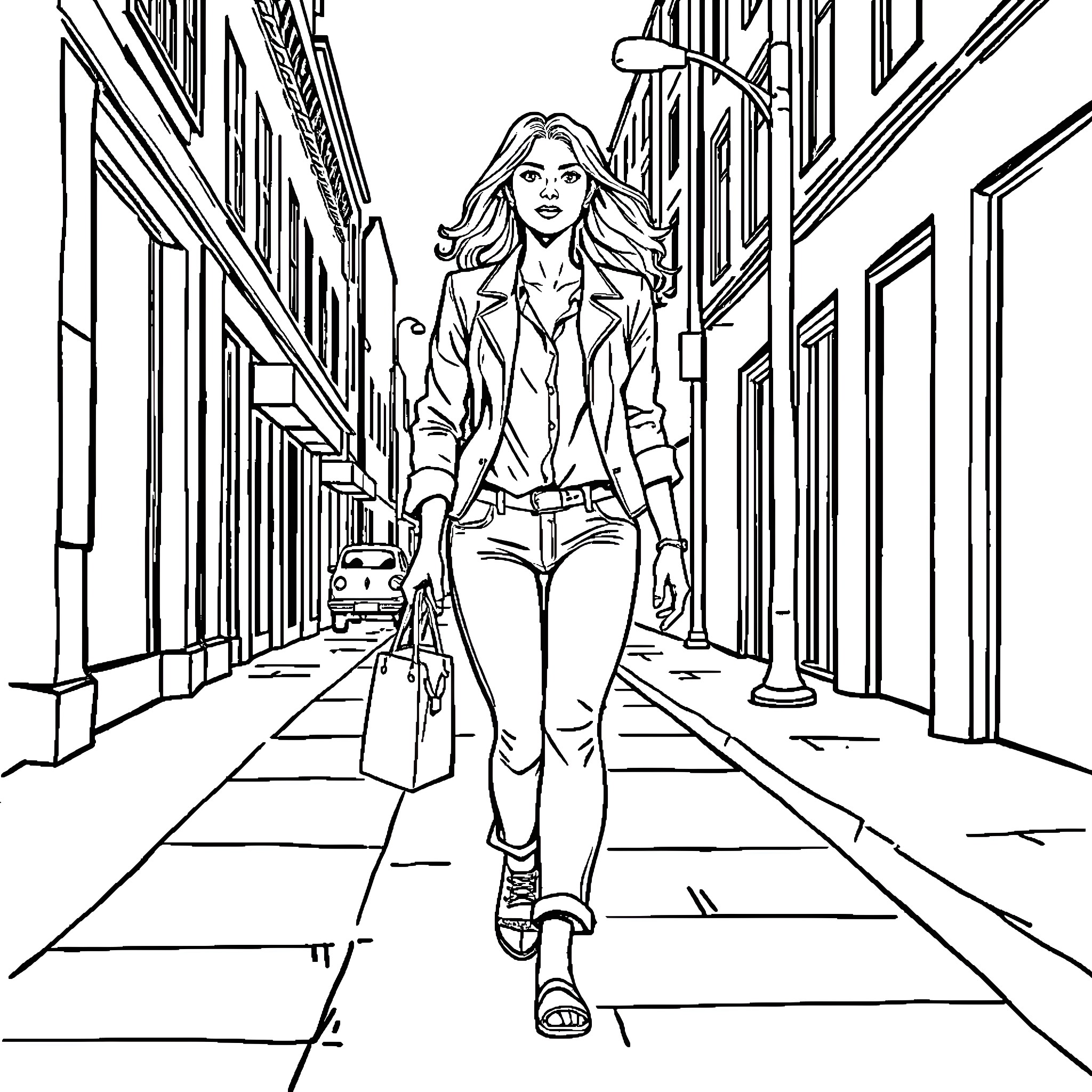 Woman walking confidently down a city street Coloring Page (free black-and-white line drawing printable PDF for all, from beginners to advanced learners, including children, teens, adults, and seniors)
