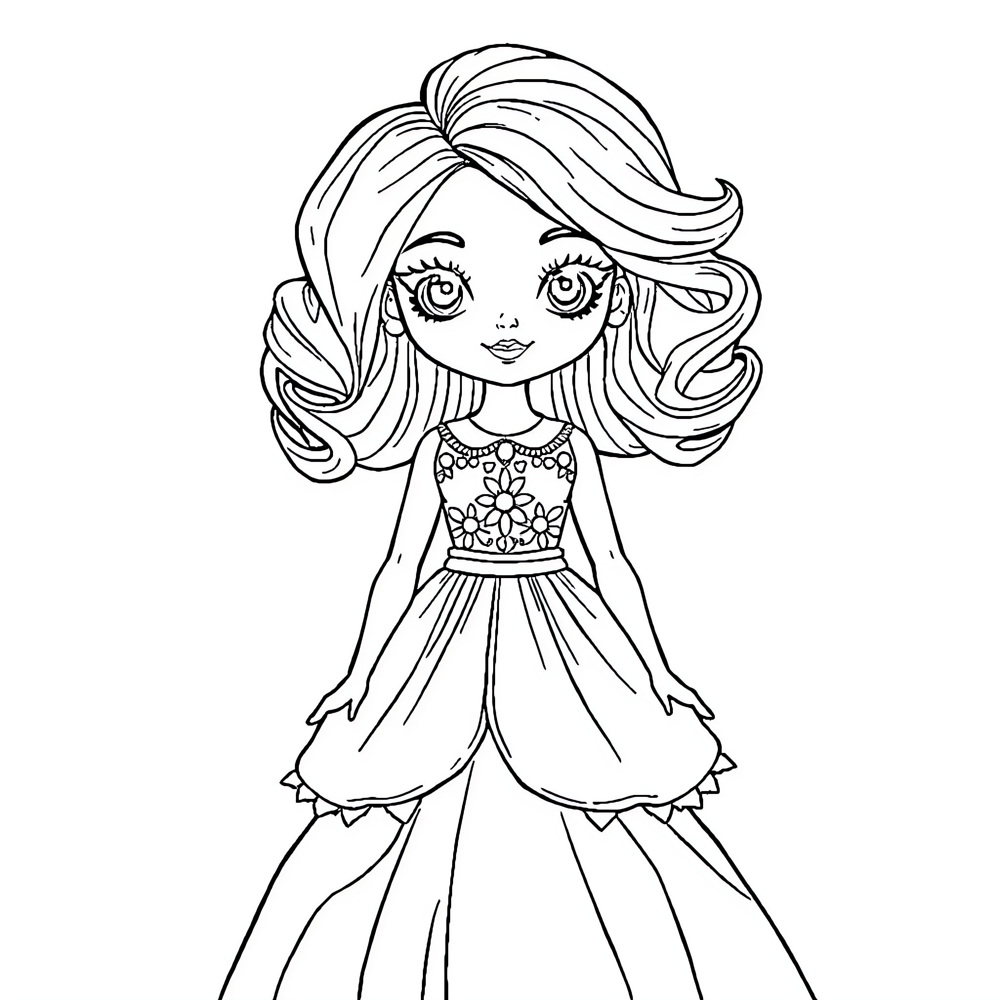 Doll in Intricate Dress Holding Flower Coloring Page (free black-and-white line drawing printable PDF for all, from beginners to advanced learners, including children, teens, adults, and seniors)